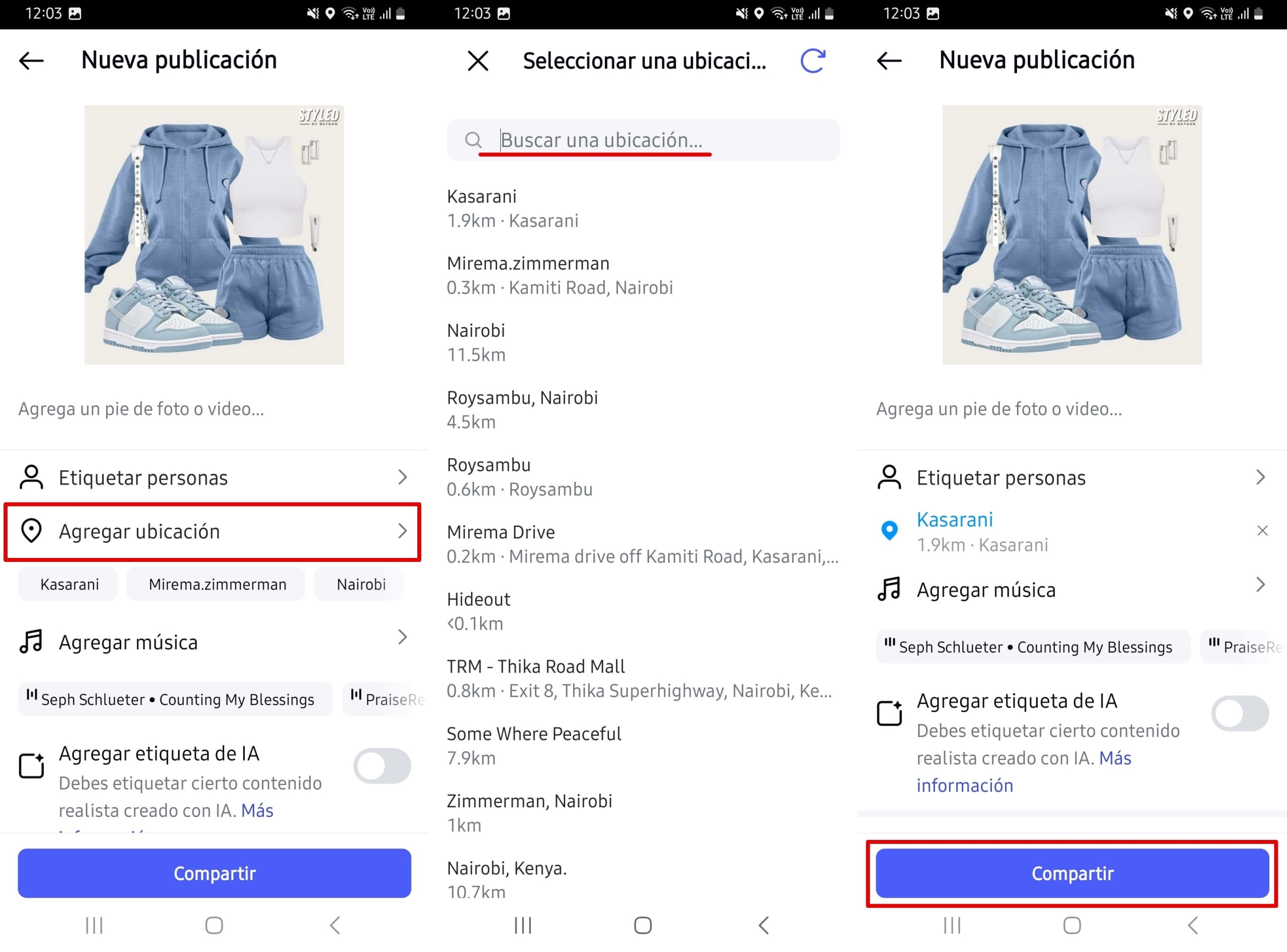Seleccione Añadir ubicación, selecciona una ubicación y haz clic en Compartir.