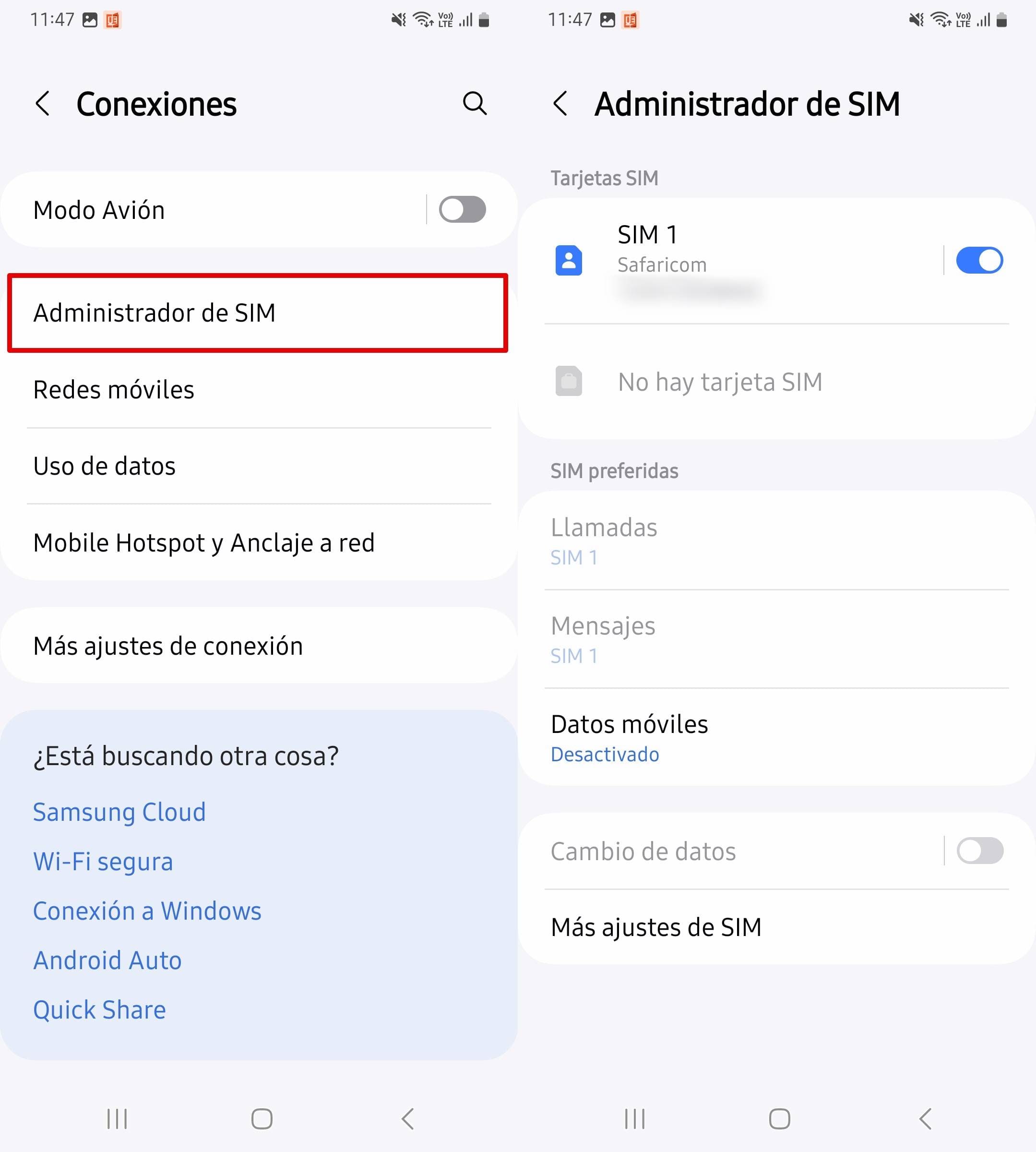Abrir Conexiones, Administrador de SIM para ver el nombre de la red de la tarjeta SIM.