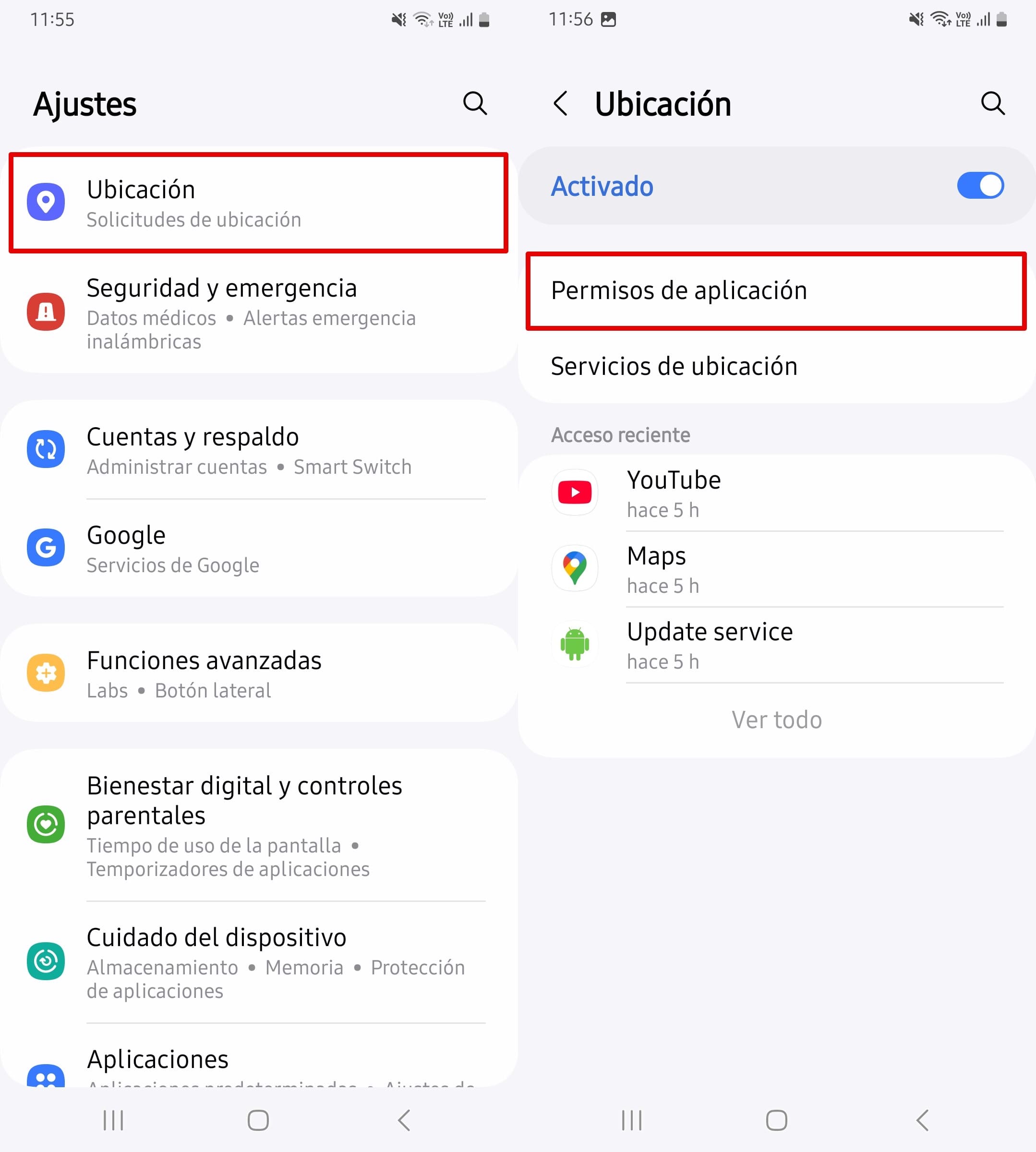 Abrir ubicación y hacer clic en Permisos de aplicación.