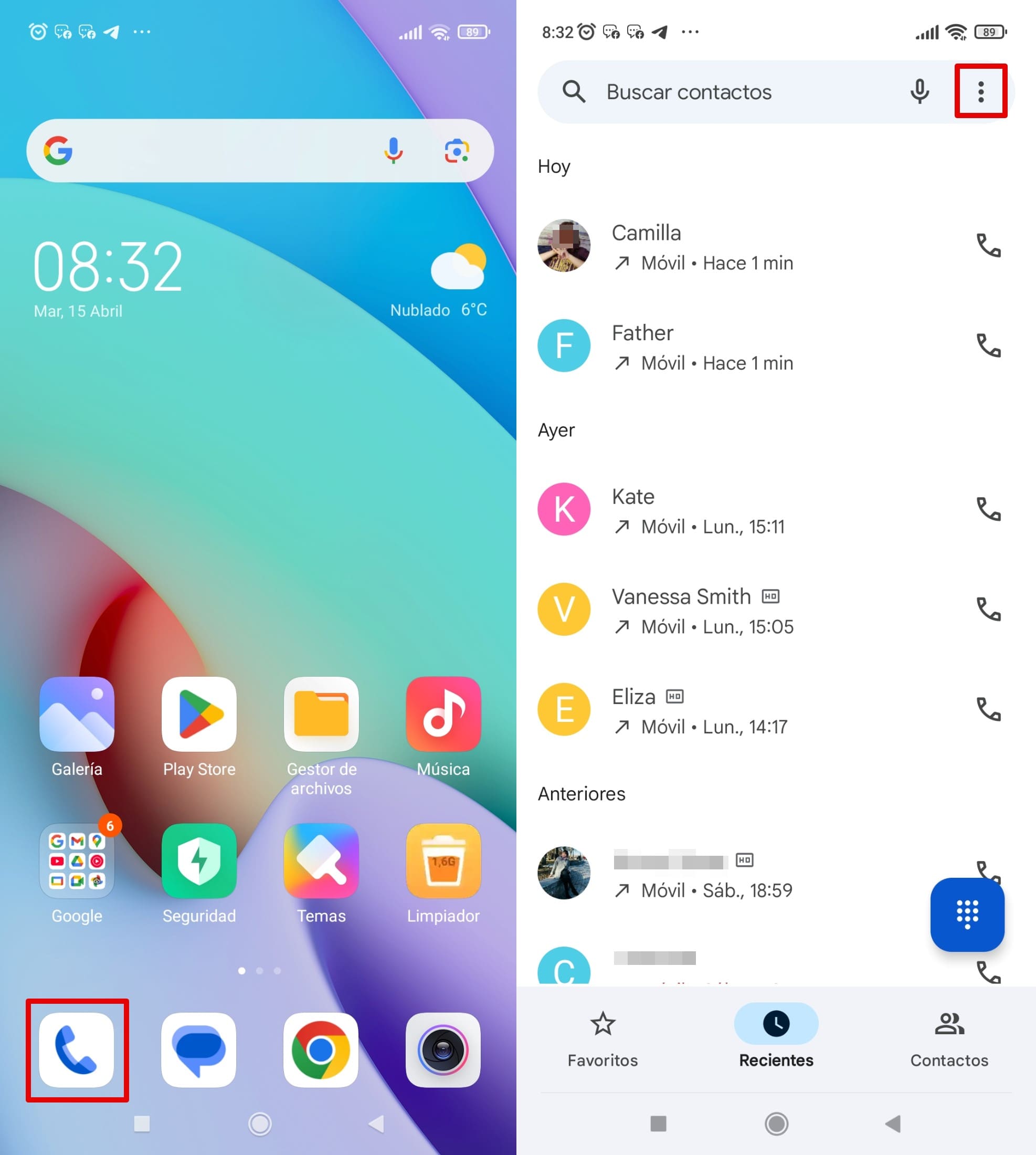 Abre la aplicación de Teléfono en tu smartphone y toca el ícono de menú de tres puntos en la esquina derecha del menú de búsqueda.