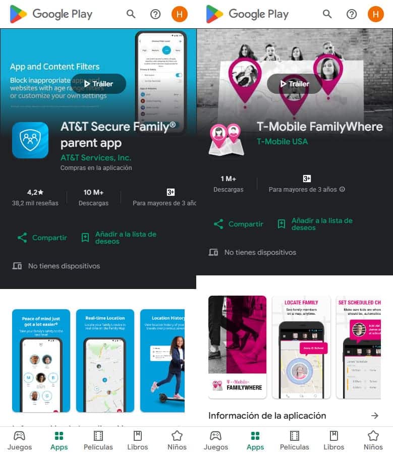 Captura de pantalla de las páginas de inicio de ATT Secure FamilyT-Mobile y FamilyWhere en Google Play