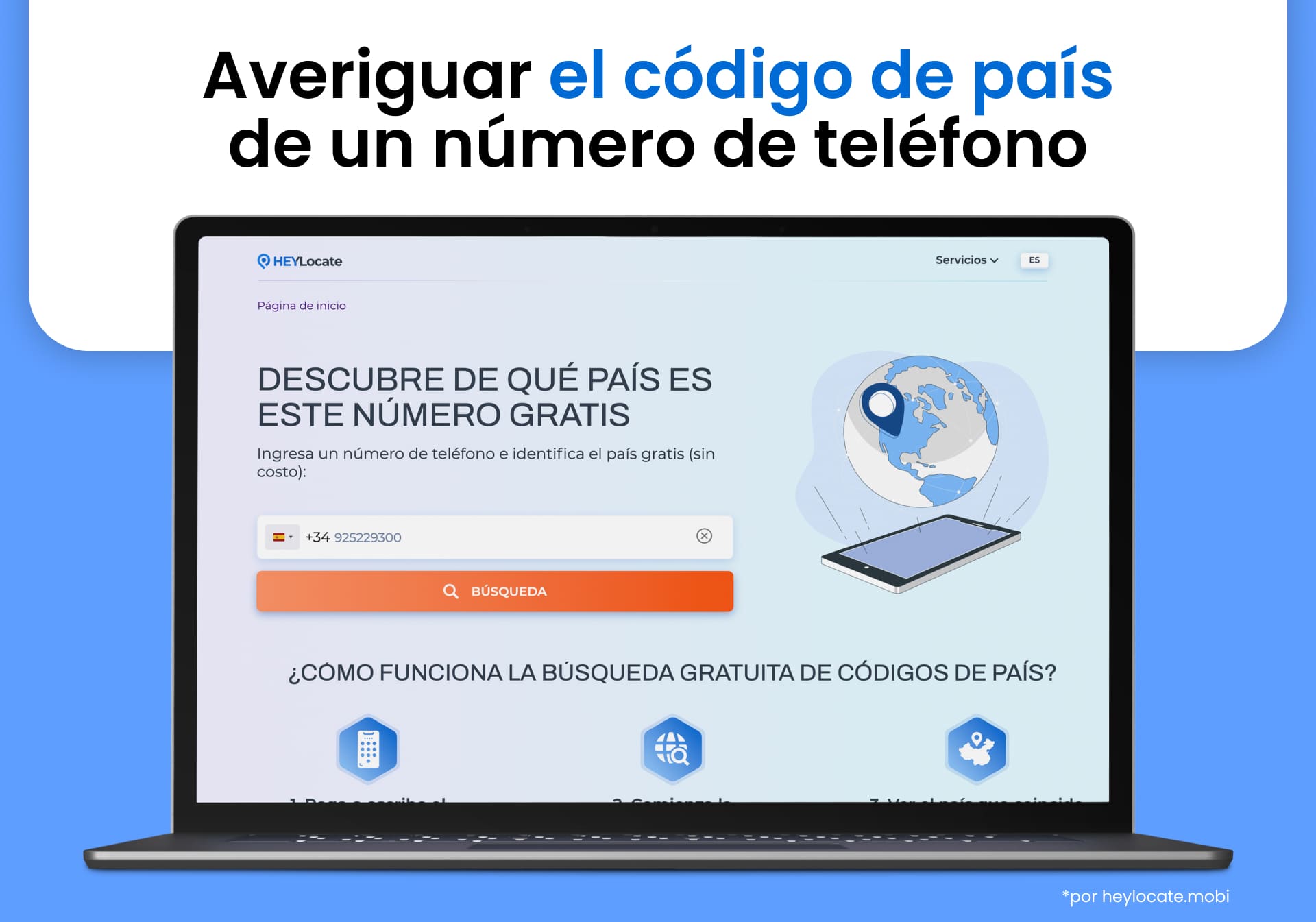 Portátil con la página de inicio del servicio gratuito de búsqueda de código de país por número de teléfono.