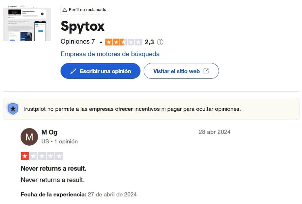 Spytox tiene una calificación baja con reseñas de una estrella en Trustpilot.
