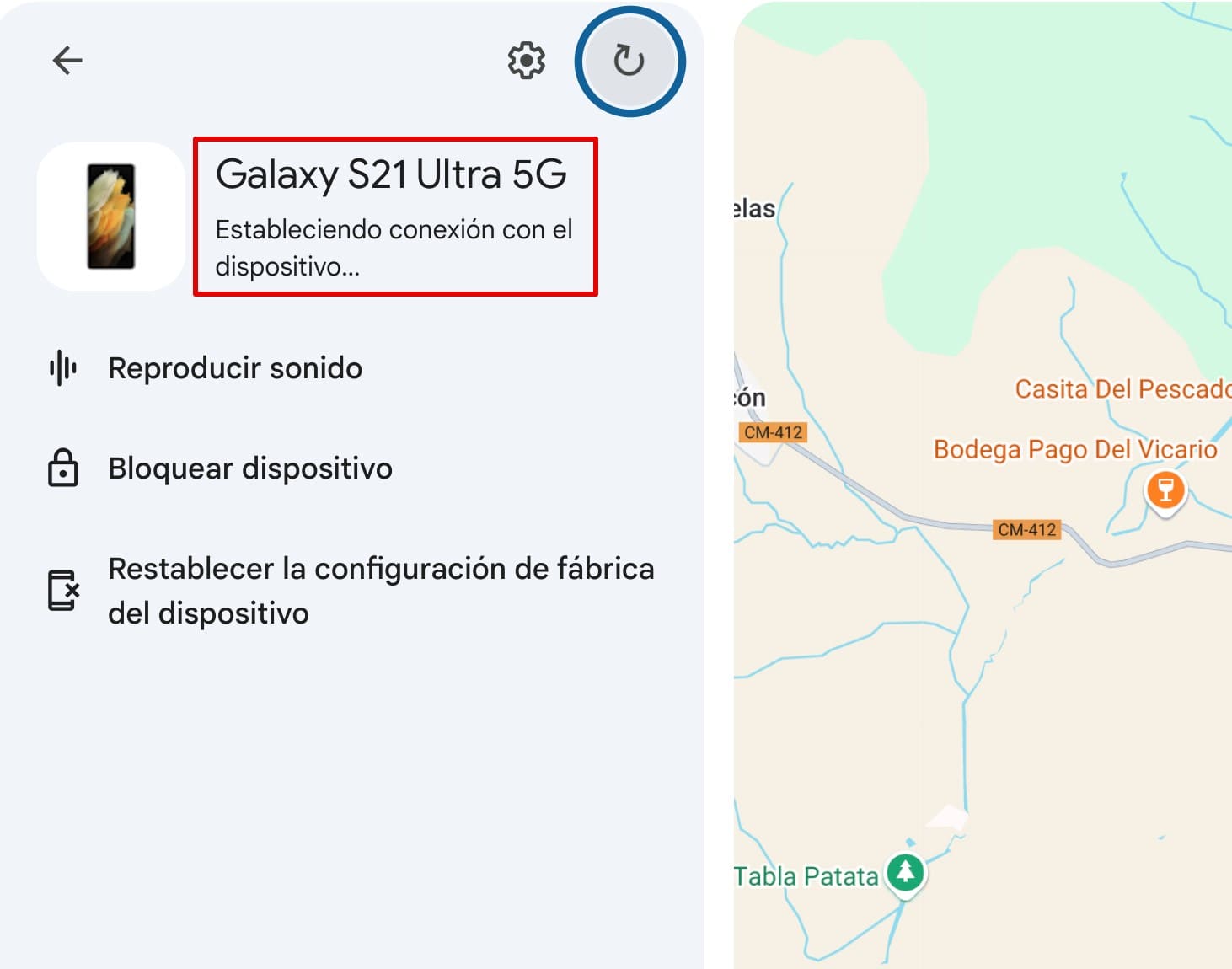 Encontrar mi dispositivo mostrando que está contactando con el dispositivo cuando el Wi-Fi está apagado.