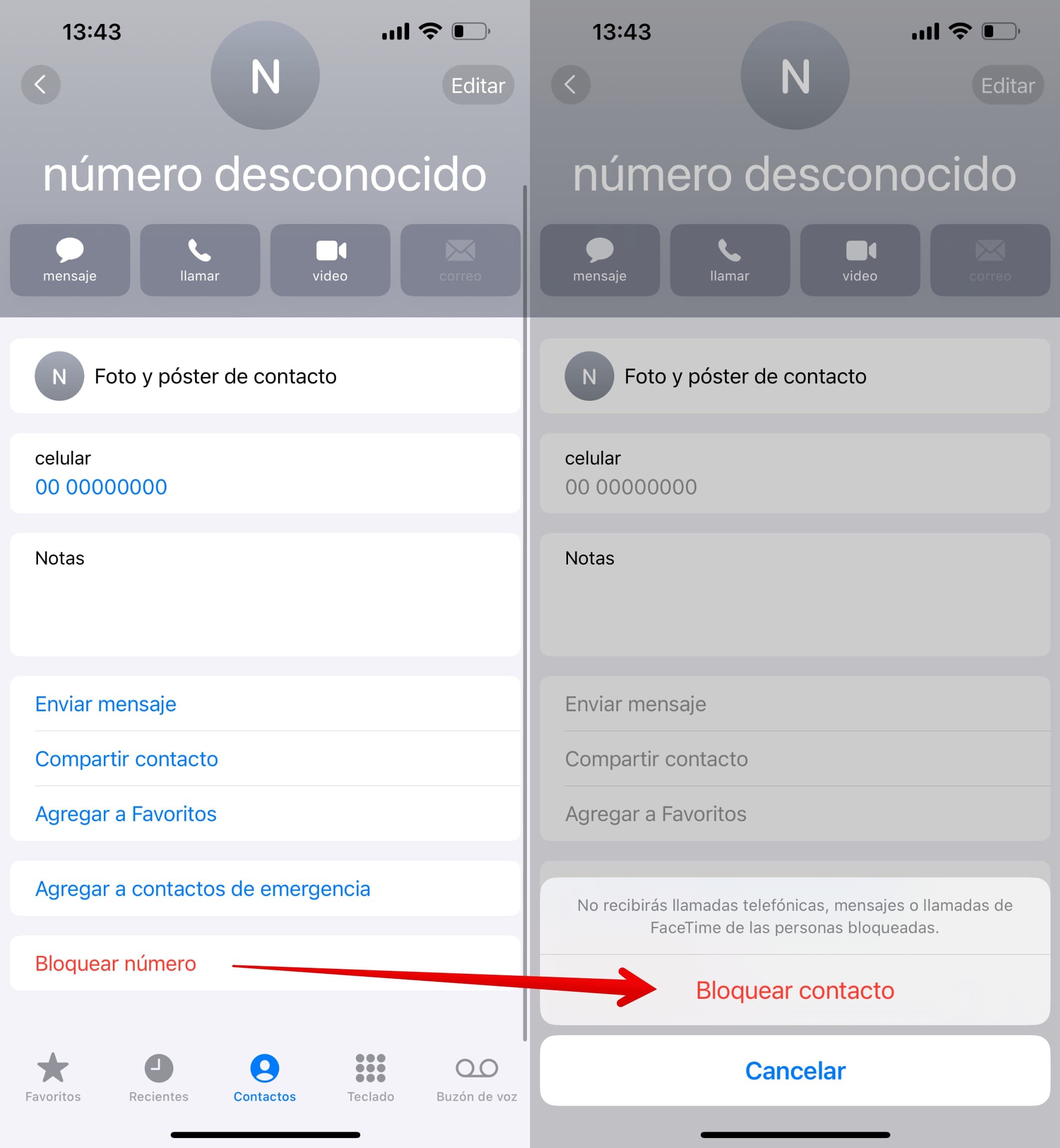 Abre los detalles del contacto y selecciona la opción Bloquear número, luego toca Bloquear contacto para confirmar.