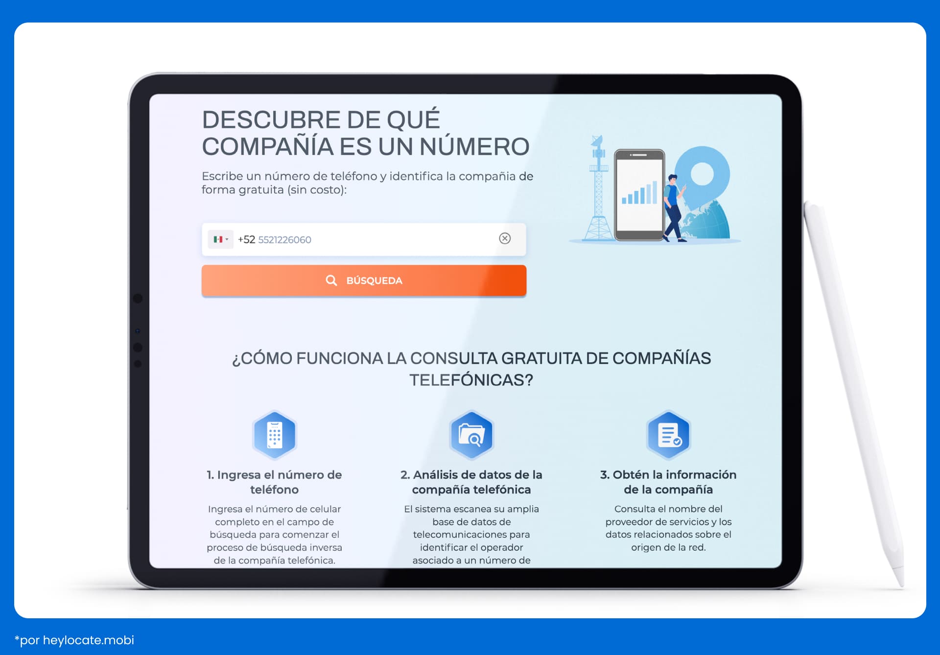 Interfaz de Heylocate para la búsqueda gratuita de operadores por número de teléfono y una guía paso a paso que explica el funcionamiento del sistema de búsqueda inversa.