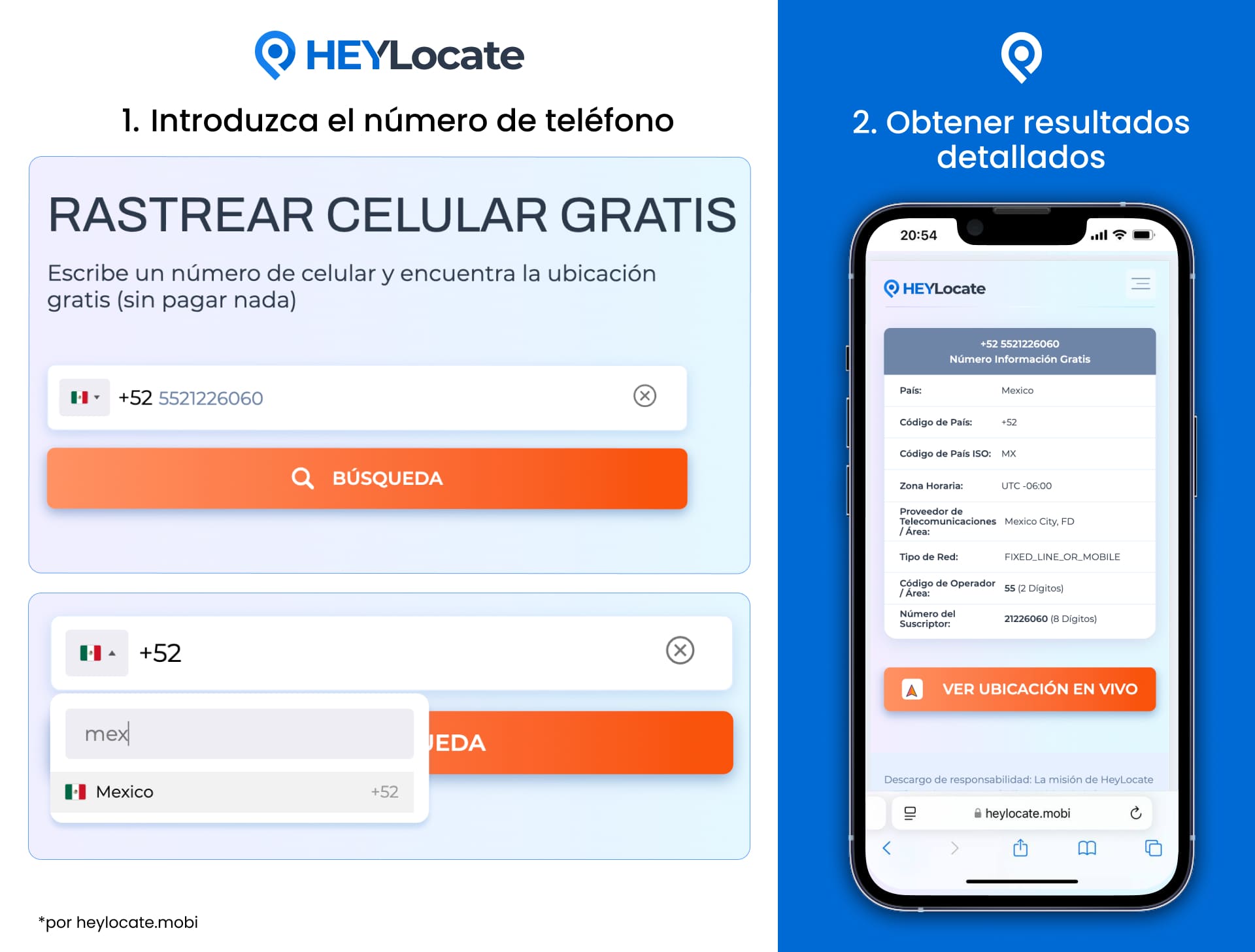 Proceso paso a paso para rastrear números de teléfono: Paso 1: ingresar el número y seleccionar el país; Paso 2: obtener información detallada que incluye país, número de abonado, código de operador y otros datos.