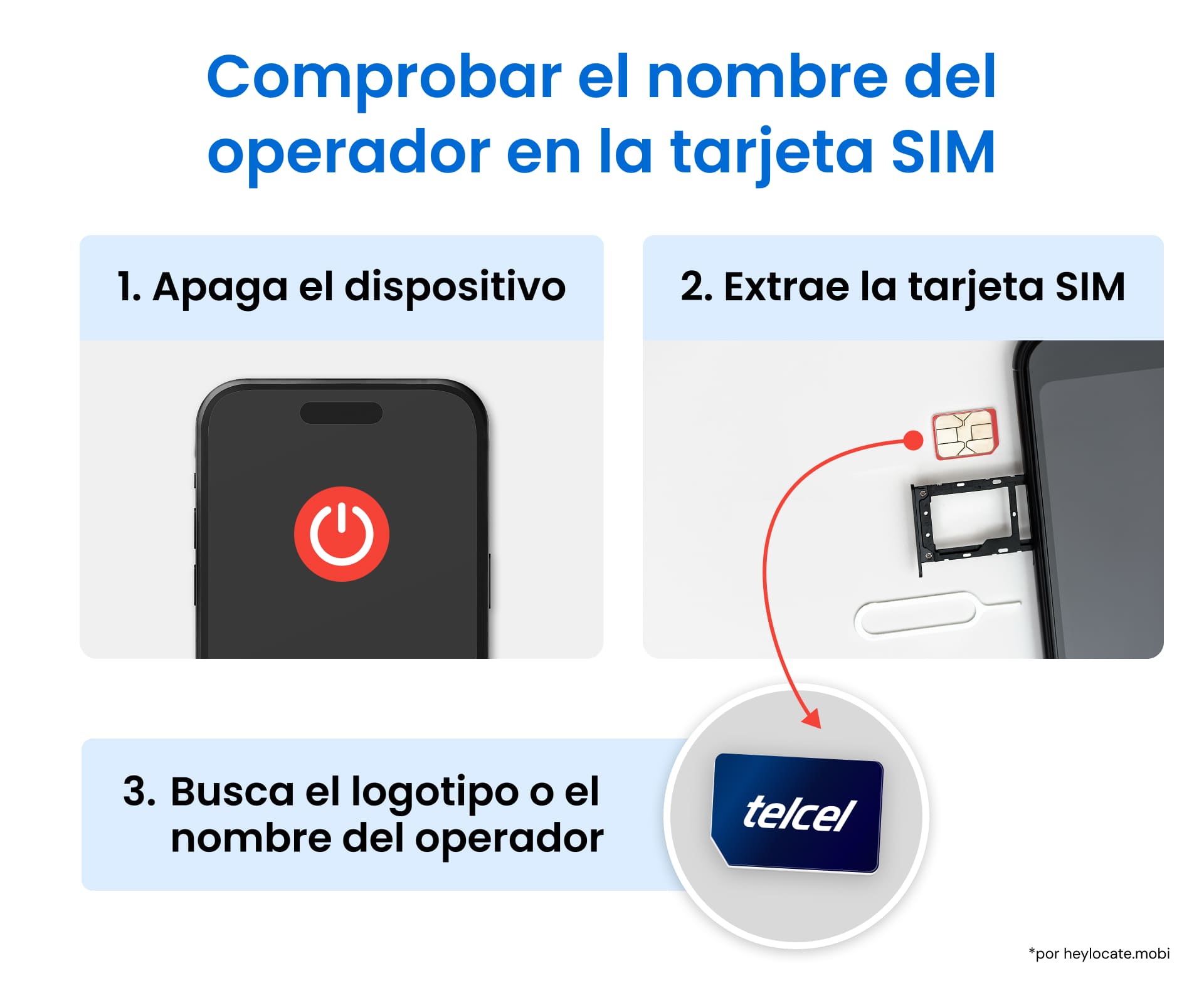 Instrucciones para encontrar el operador de telefonía móvil extrayendo la tarjeta SIM y buscando el logotipo o el nombre del operador.