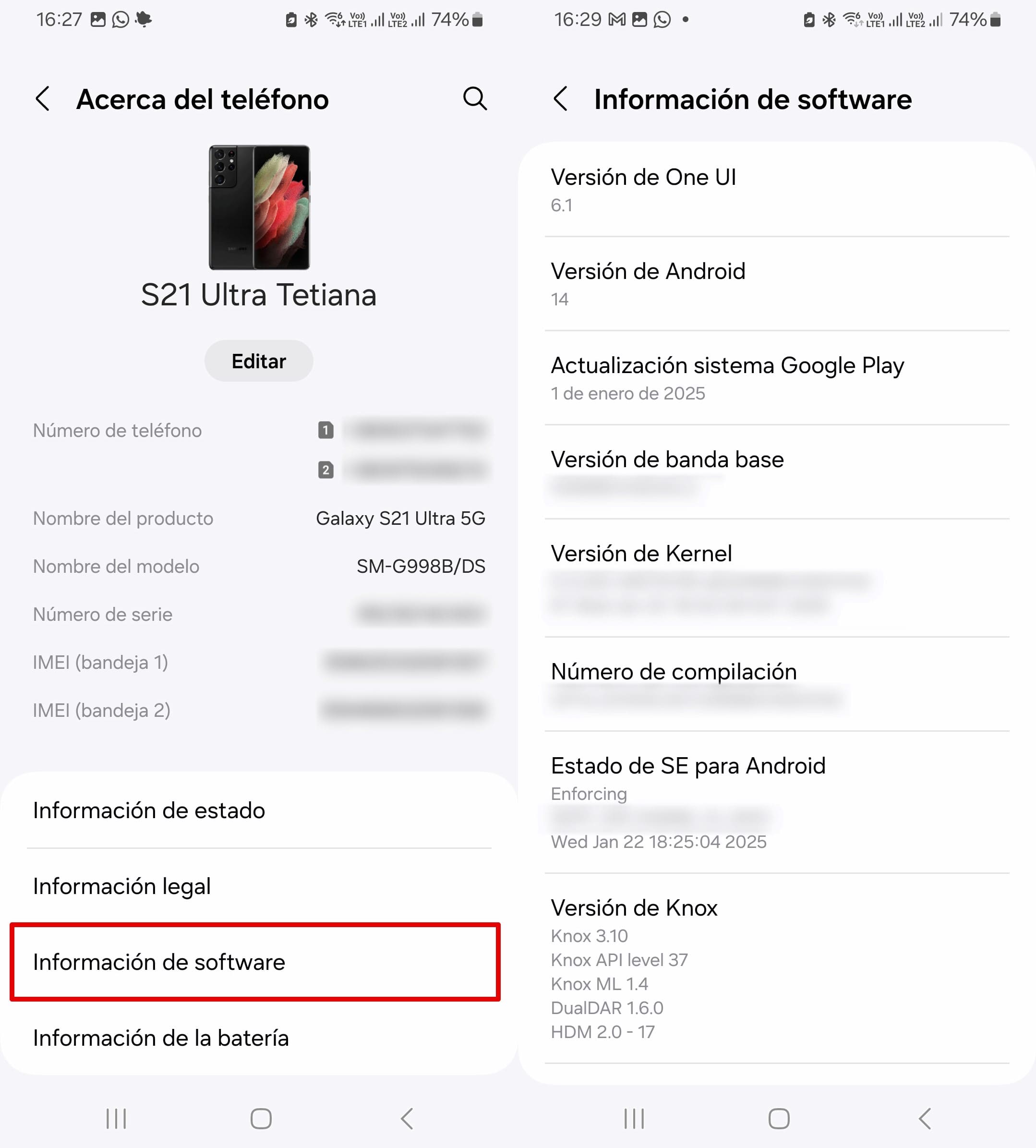 Información de software sobre el teléfono: Android, versión UI.