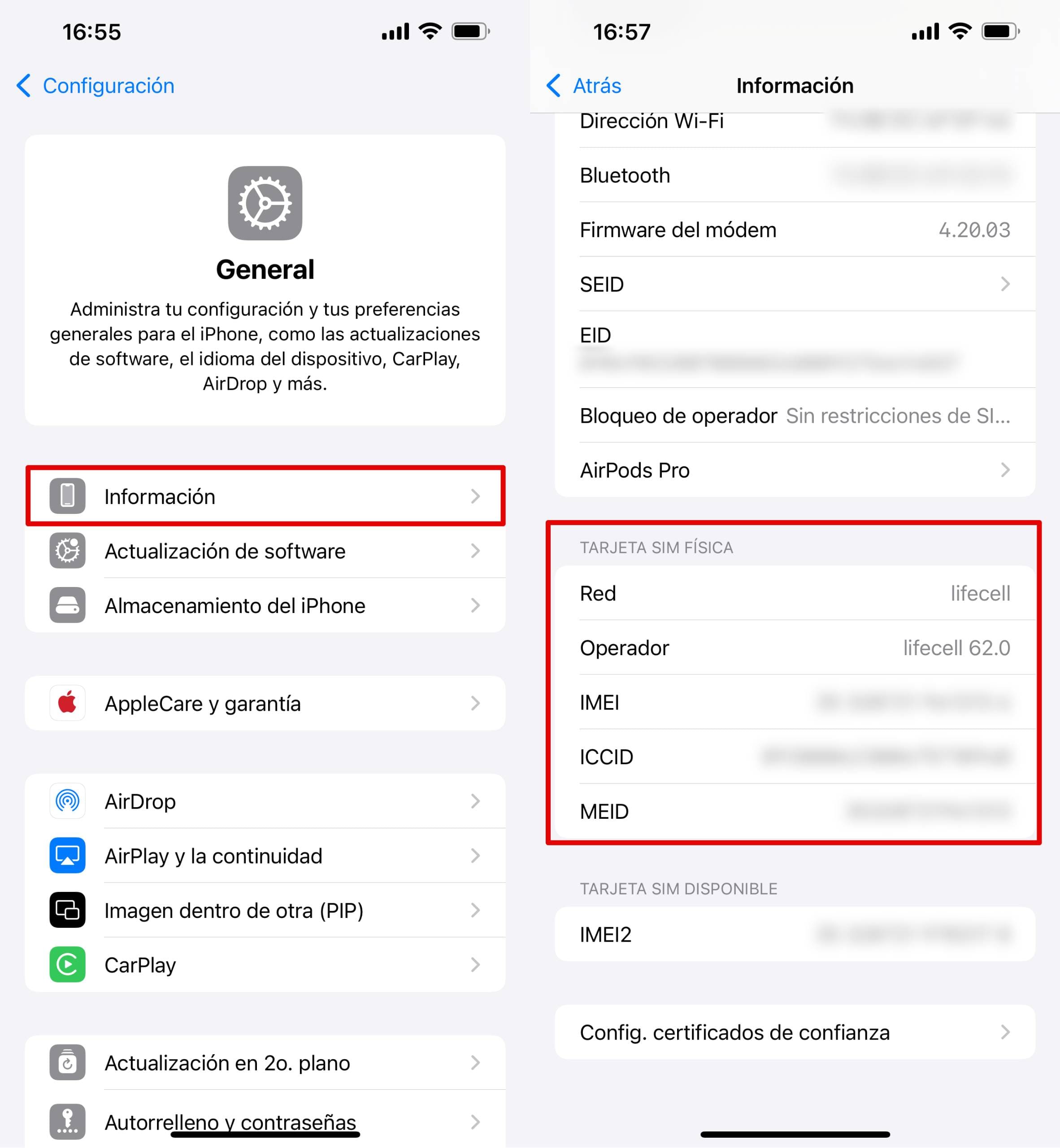 Ir a los ajustes generales del iPhone - Información - bloque tarjeta SIM FÍSICA.