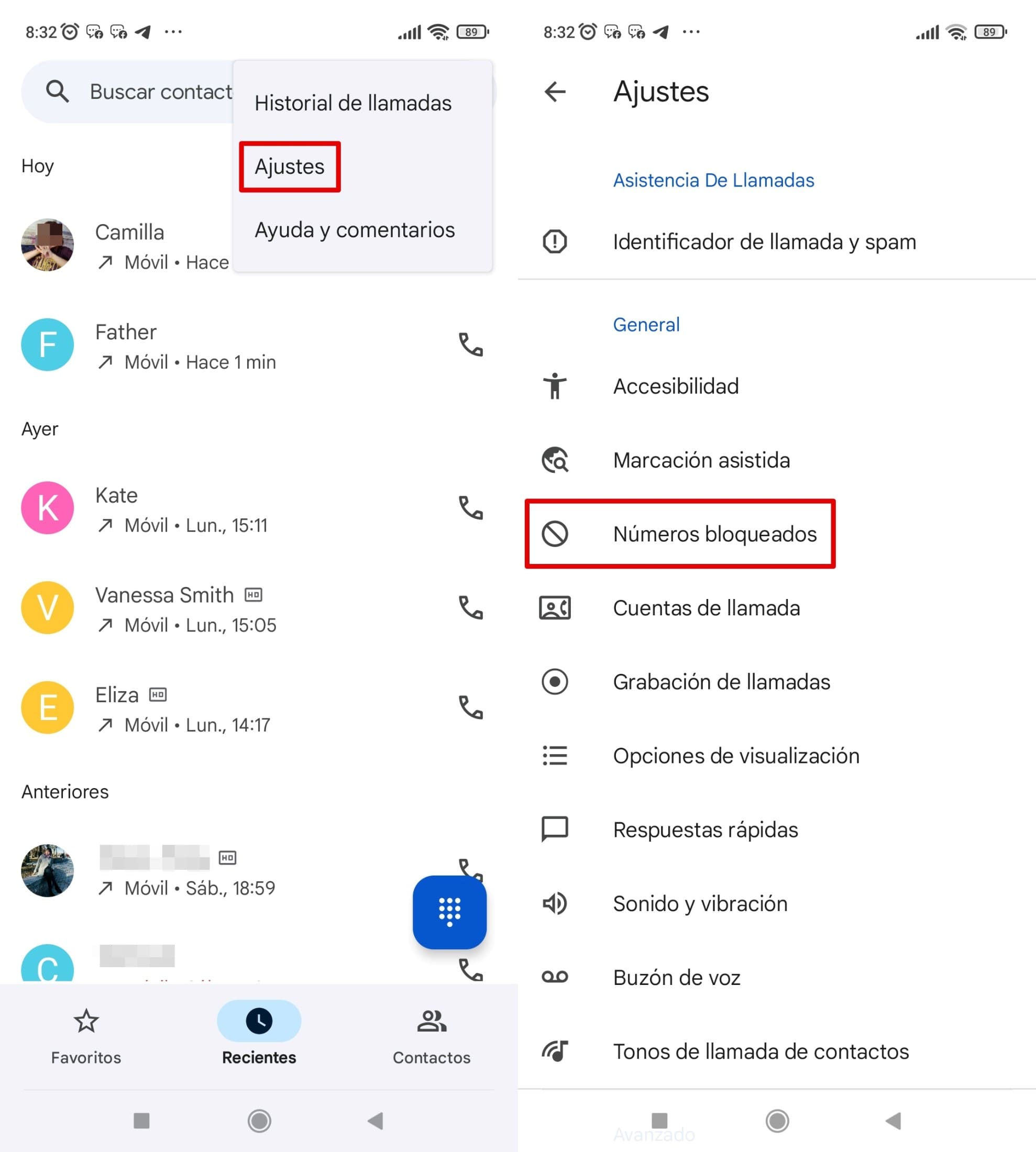 Abre la "Ajustes" desde el menú y selecciona la sección “Números bloqueados”.