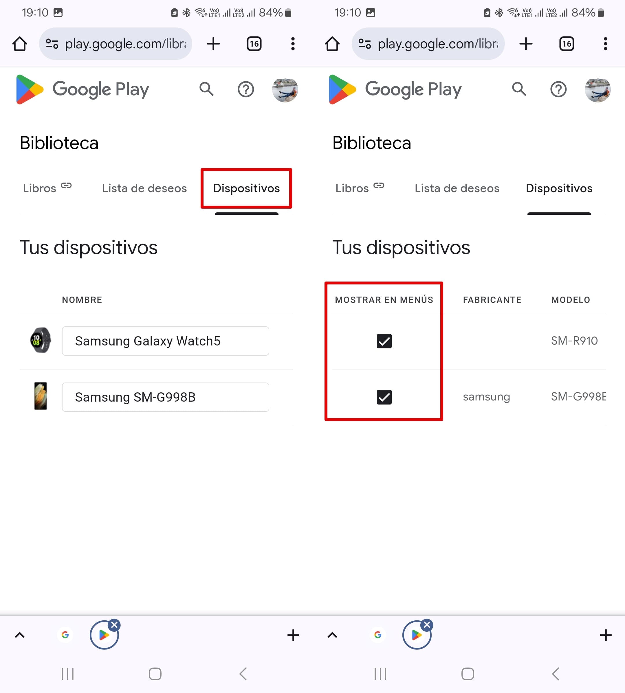 Menú de Google Play mostrando los dispositivos y los elementos marcados en Mostrar en menús.