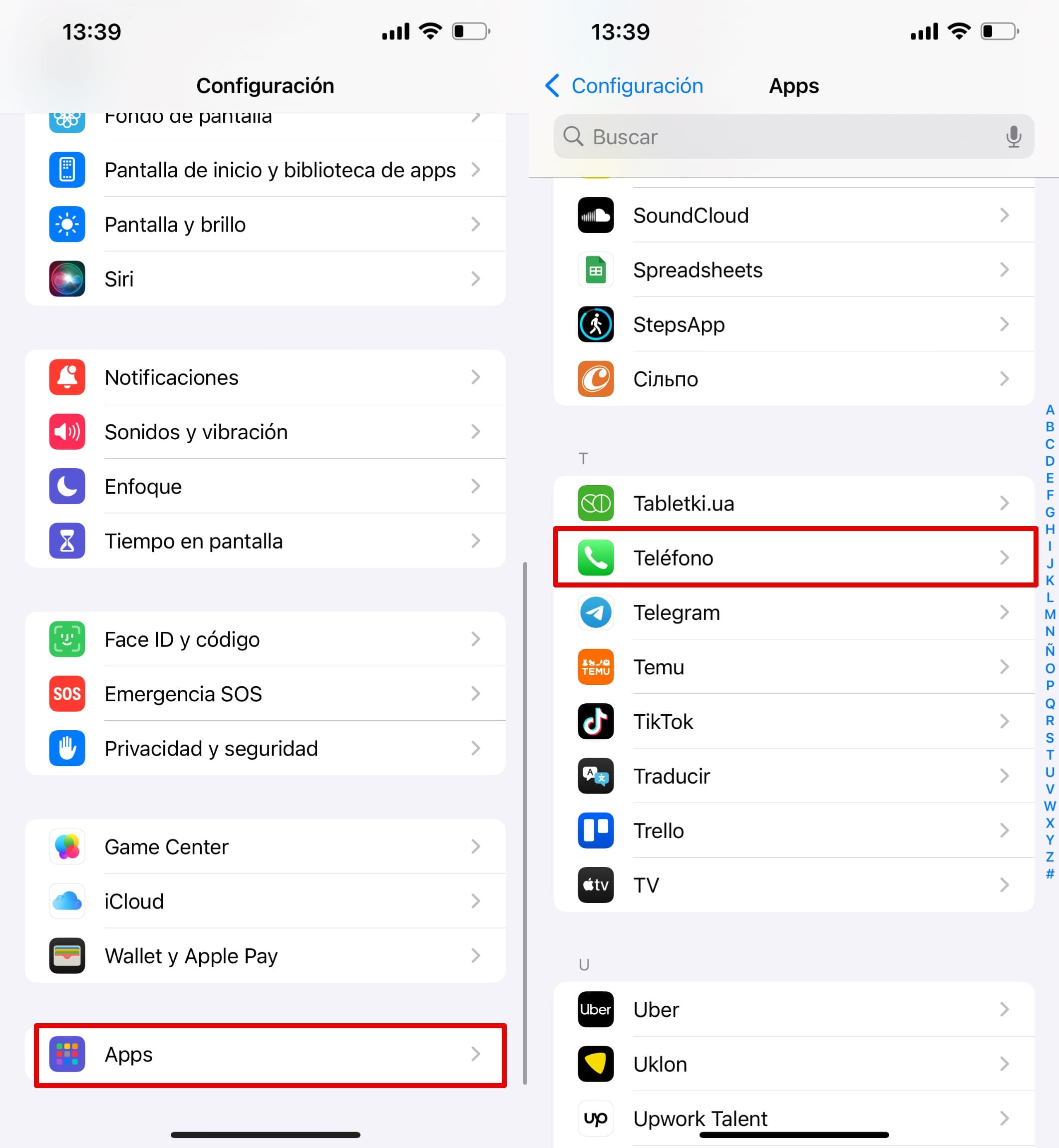 Abre la app de Configuración, desplázate hasta Aplicaciones y luego toca la app Teléfono.