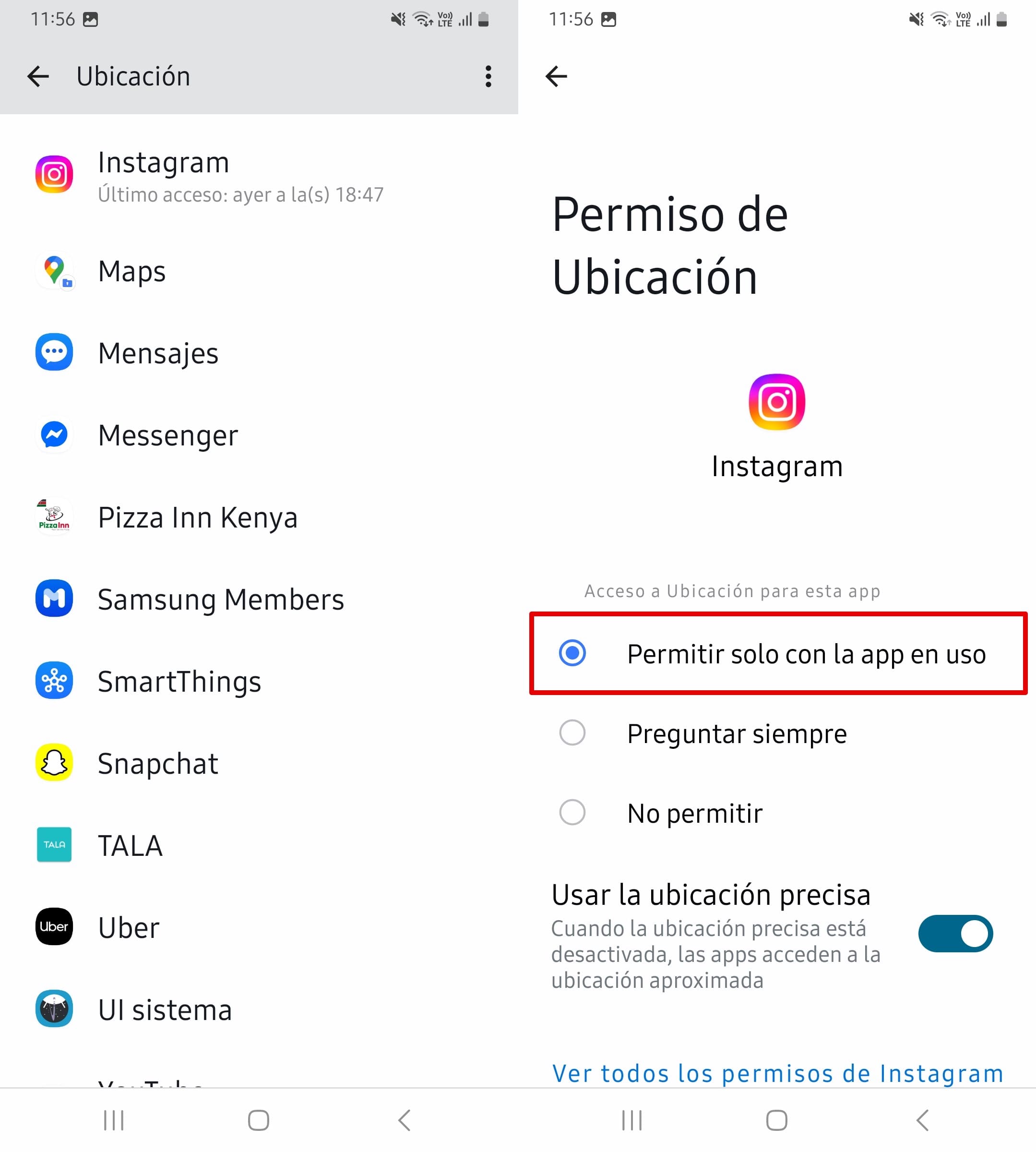 Haz clic en Instagram y elige Permitir solo con la app en uso.