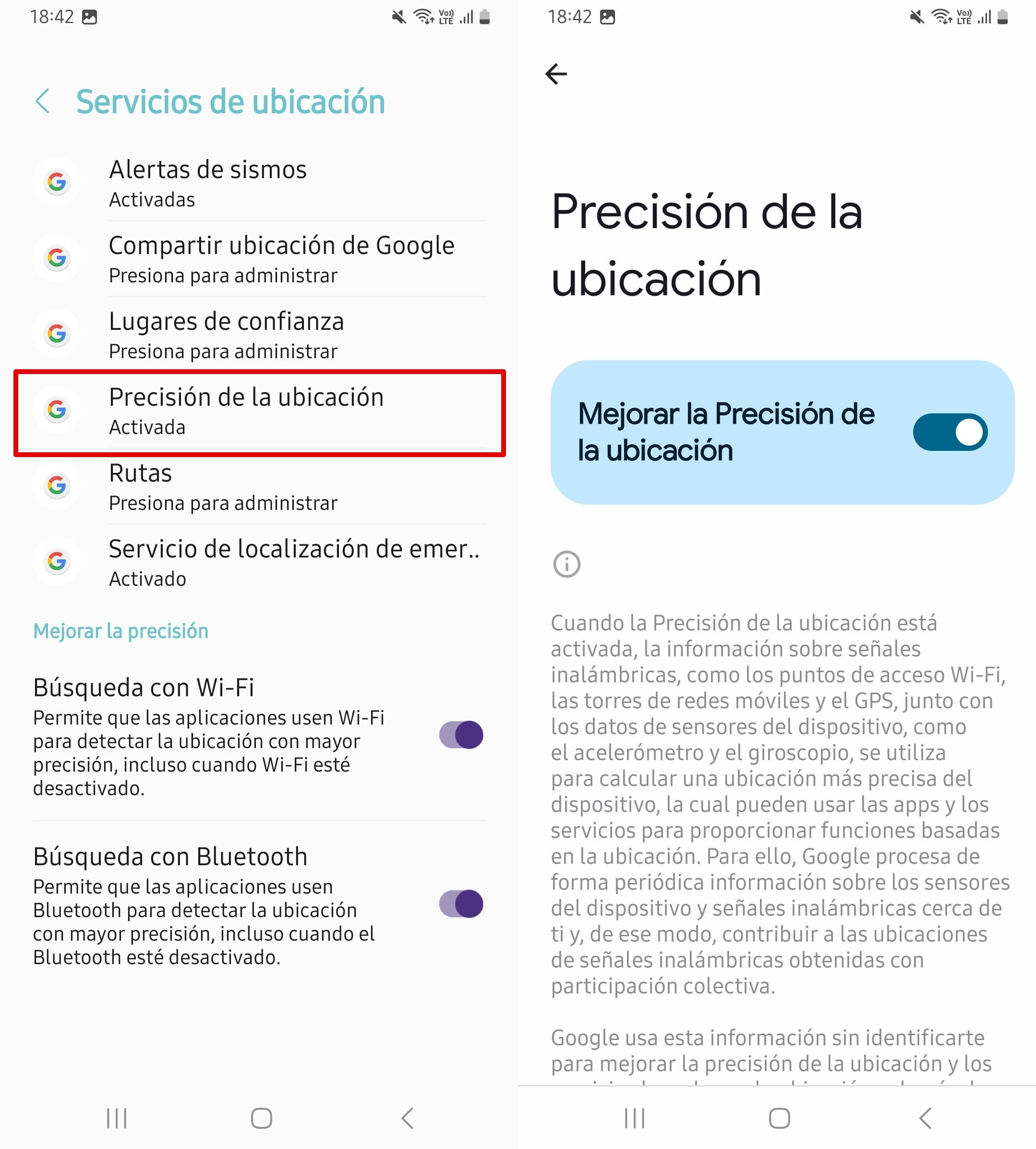 Ajustes de Android para activar la precisión de la ubicación.