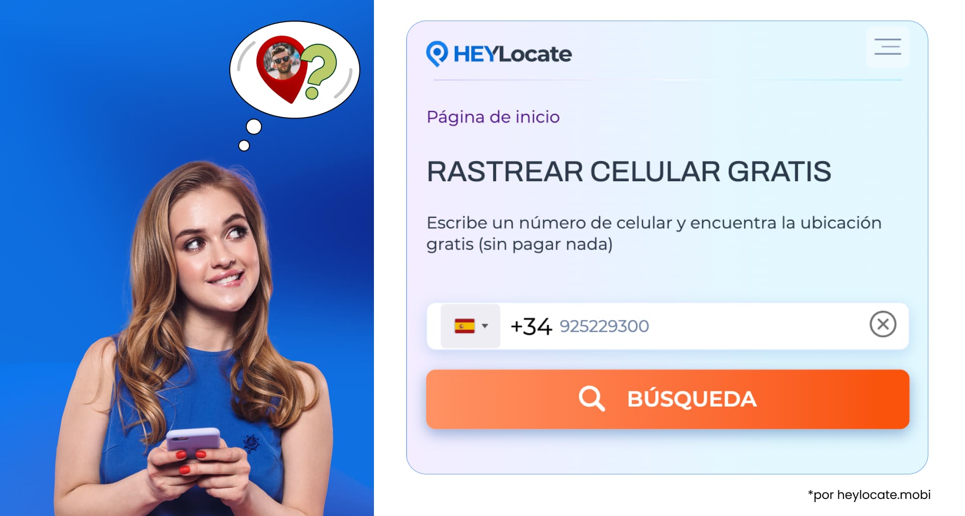 Busca ubicación por número de teléfono. La interfaz del Rastreador de Números de Teléfono Gratuito de Heylocate muestra la entrada del número y el botón de búsqueda.