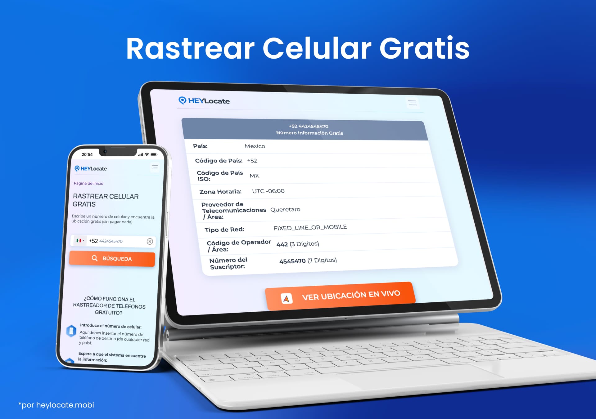 Interfaz de rastreador gratuito de números telefónicos en la pantalla del celular, junto a los resultados de búsqueda en la laptop que muestran el país, la zona horaria, el proveedor de telecomunicaciones, el código del operador y el tipo de red.