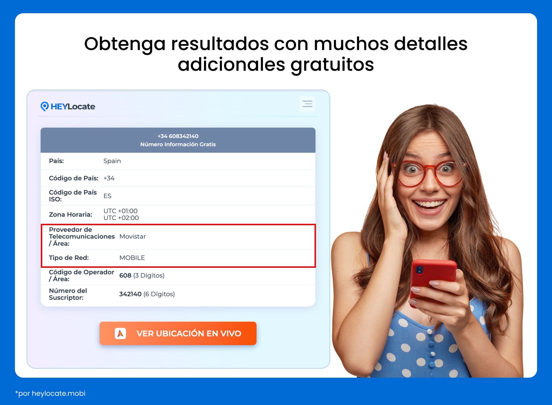 Resultados de búsqueda con elementos destacados de proveedor de telecomunicaciones, área y tipo de red.