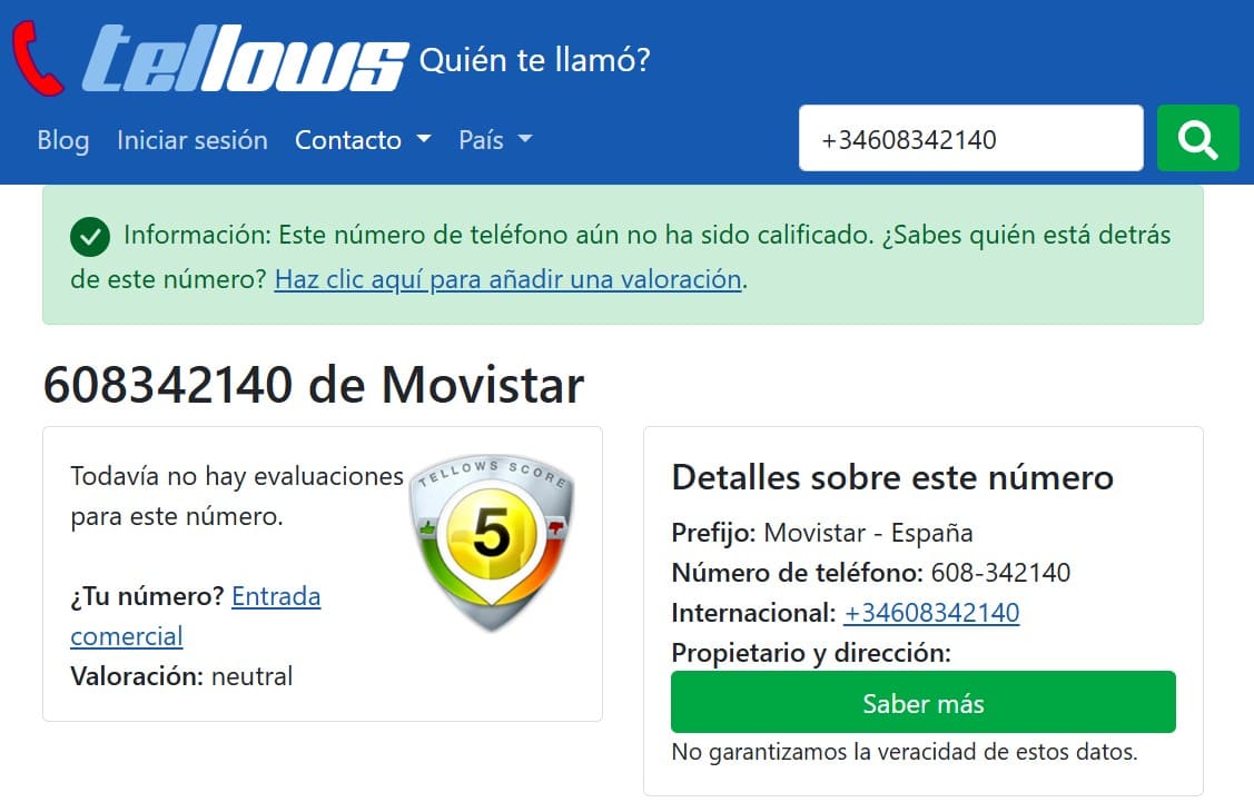 Después de ingresar un número de teléfono, puedes ver los resultados: la ubicación y el tipo de número.