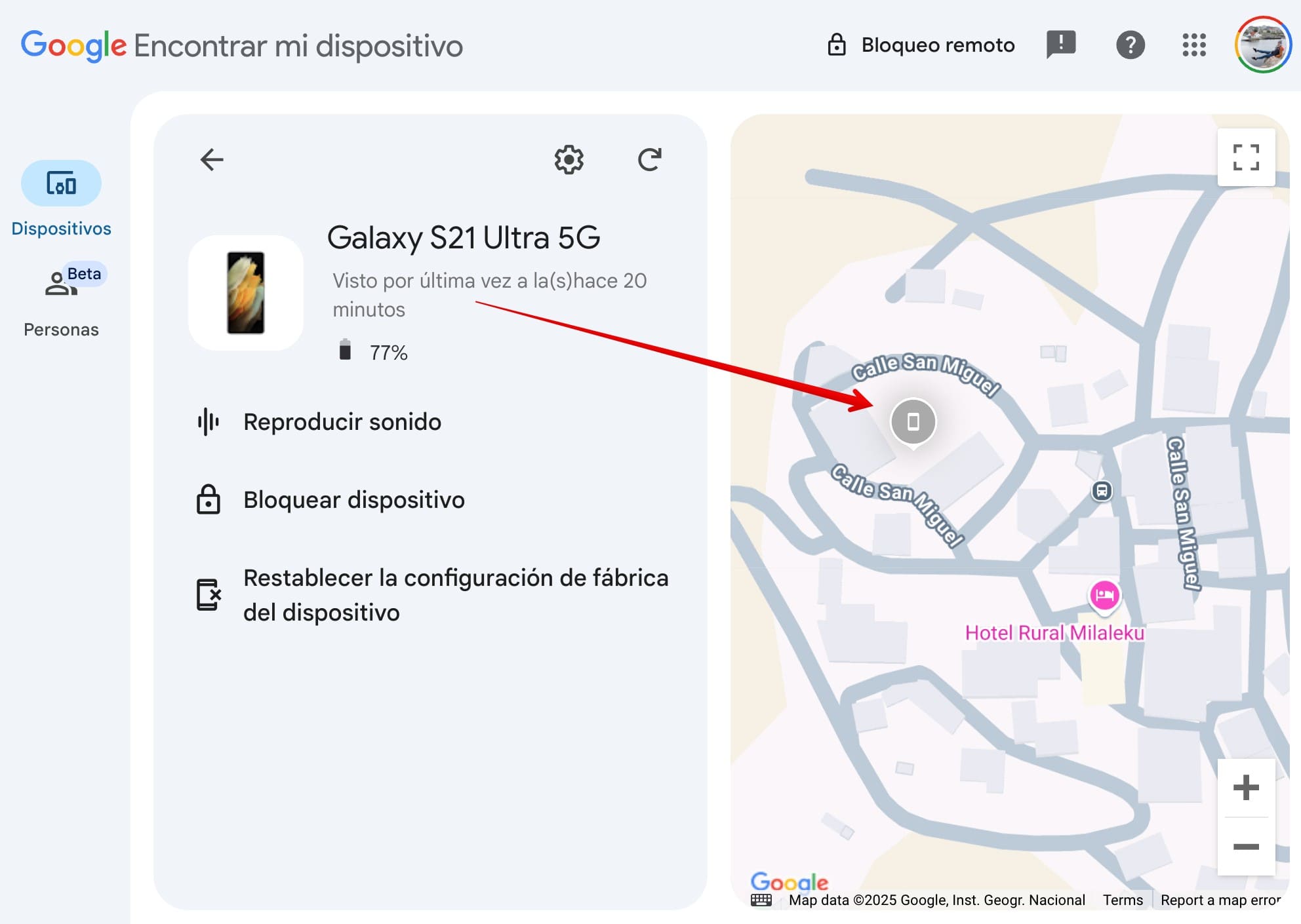 Encontrar mi dispositivo muestra la última ubicación vista cuando el teléfono está apagado.