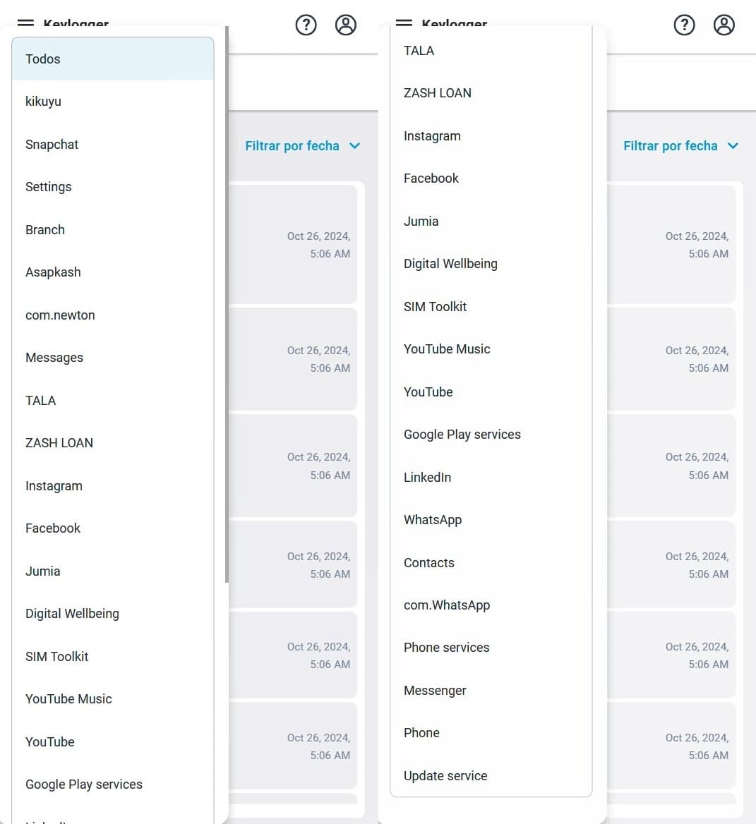 El keylogger muestra una lista desplegable de aplicaciones en las que se ha registrado actividad, como Facebook, WhatsApp, Instagram y otras, por ejemplo.