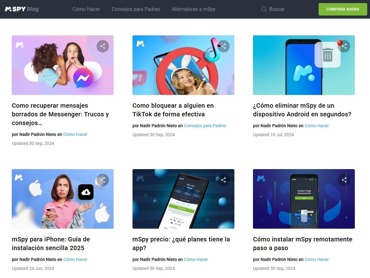 Página de inicio del blog de mSpy con diversos artículos sobre rastreo de teléfonos, monitoreo de Instagram, actividad de Snapchat y consejos de control parental.