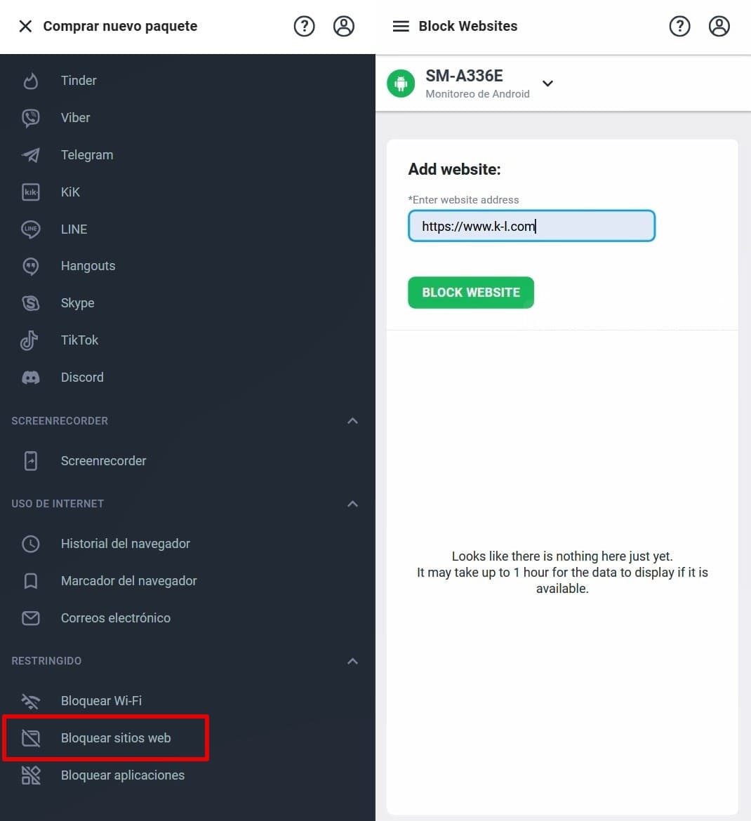 Bloqueo de sitios web en el dispositivo objetivo, ingresando la URL.