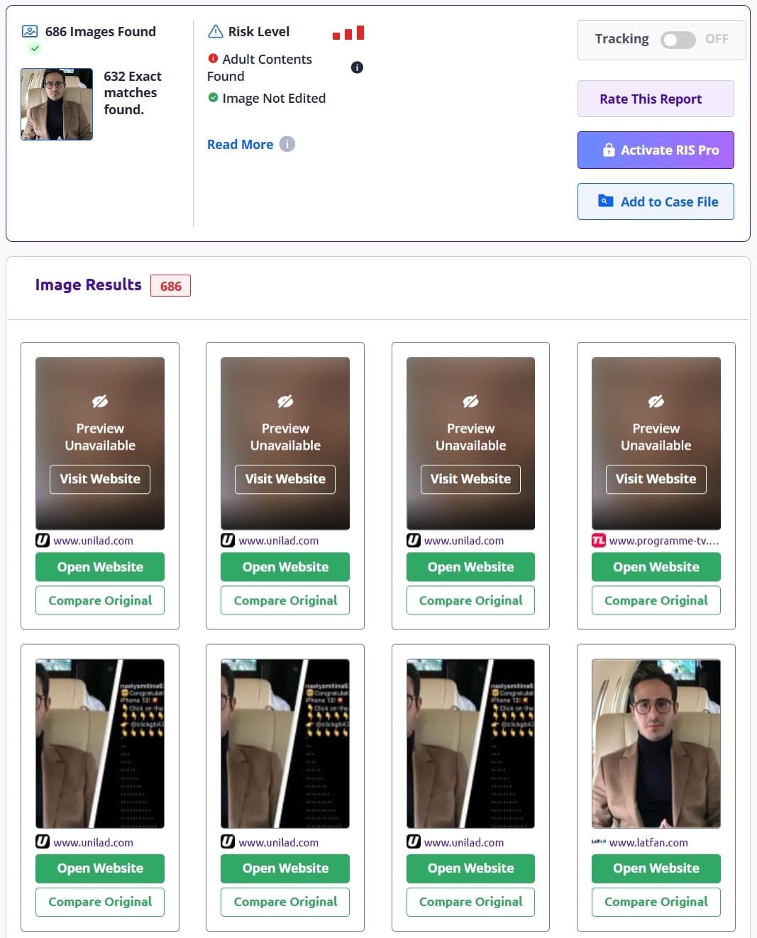 Resultados con coincidencias de fotos, y la posibilidad de abrir un sitio web con esta foto y compararla con el original.