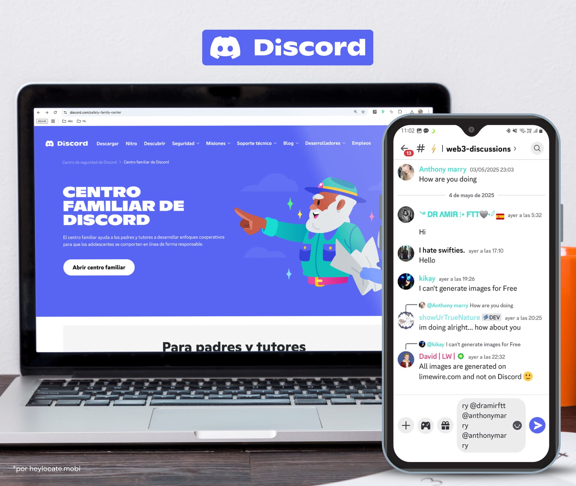 Página del Centro Familiar de la Discordia, así como la vista del chat de la Discordia, que muestra la actividad de los usuarios.