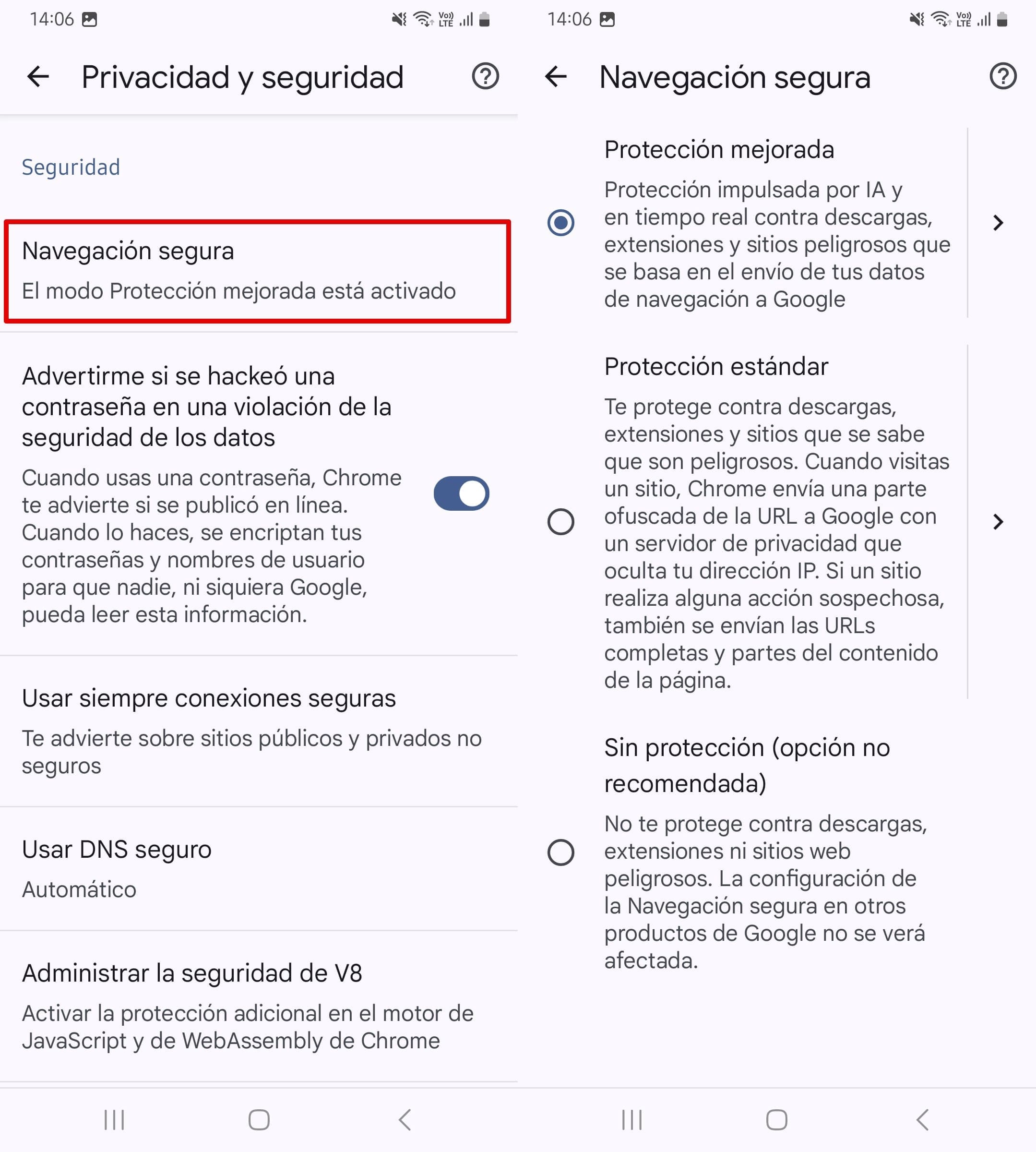 Haz clic en Navegación segura y elige Protección mejorada.