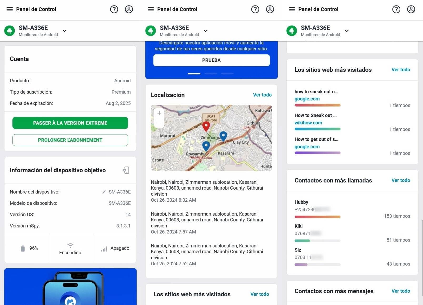 Panel de mSpy, que muestra el tipo de suscripción, el historial de ubicaciones GPS, los sitios web más visitados y los números más llamados con el número de llamadas.