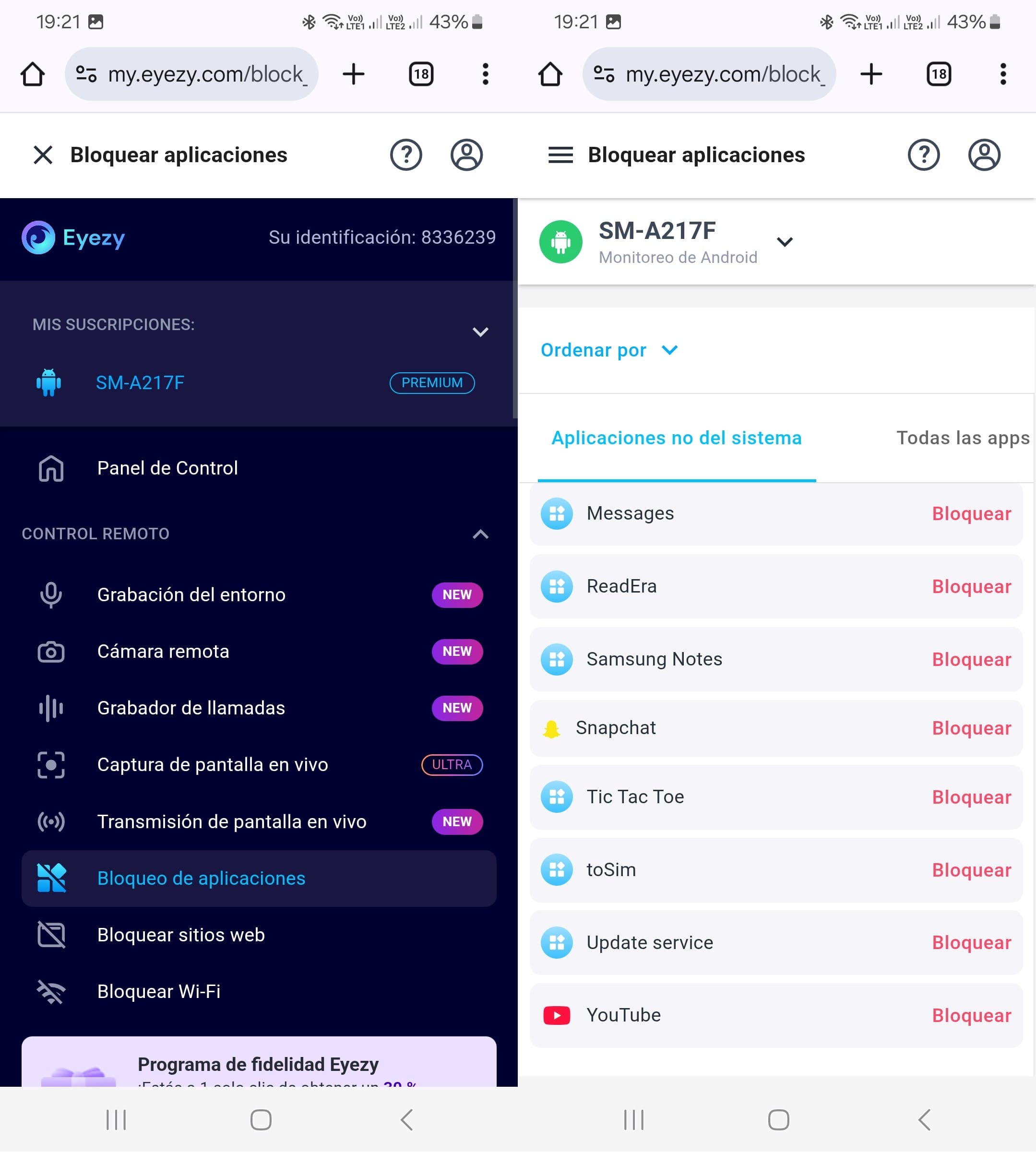 La función Bloquear aplicaciones, y una lista de apps como Snapchat, YouTube, Mensajes y otras que se pueden bloquear.