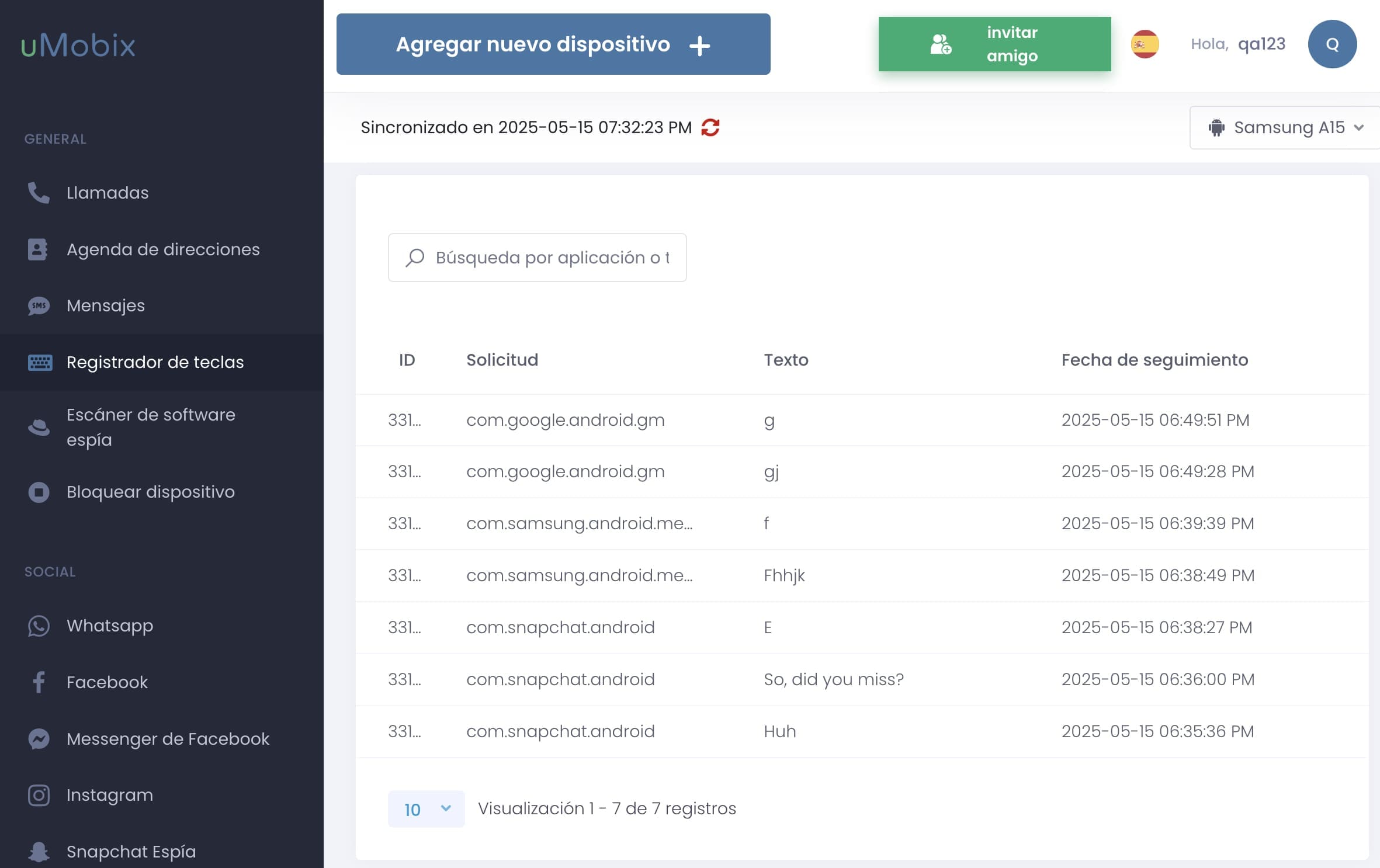 La pestaña keylogger muestra todas las pulsaciones del teclado.