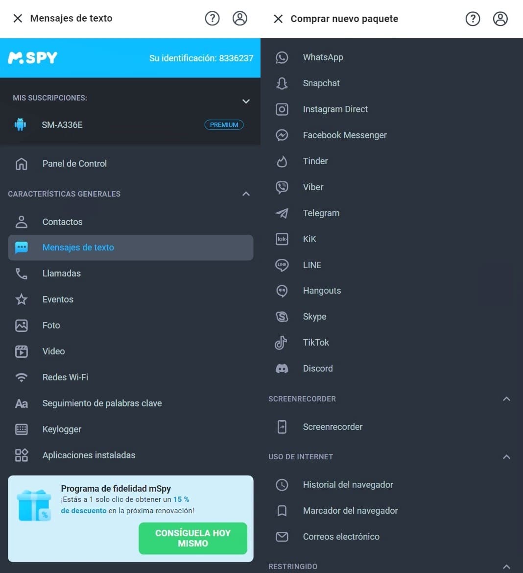 Captura de pantalla del panel de control de mSpy que muestra lo que se puede ver en el dispositivo objetivo.