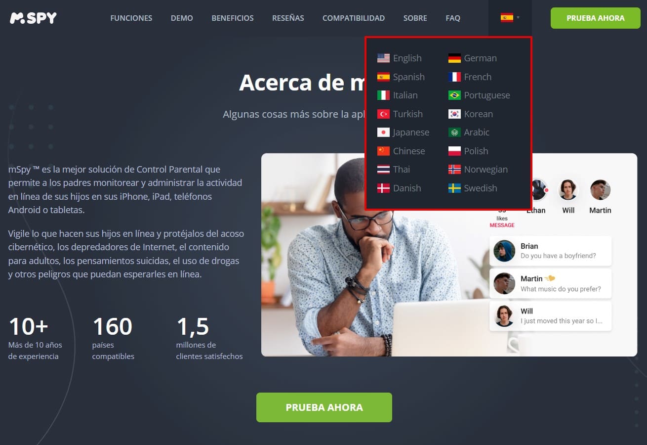 Lista de idiomas compatibles con el sitio web, incluyendo: inglés, español, portugués, francés, alemán, italiano, etc.