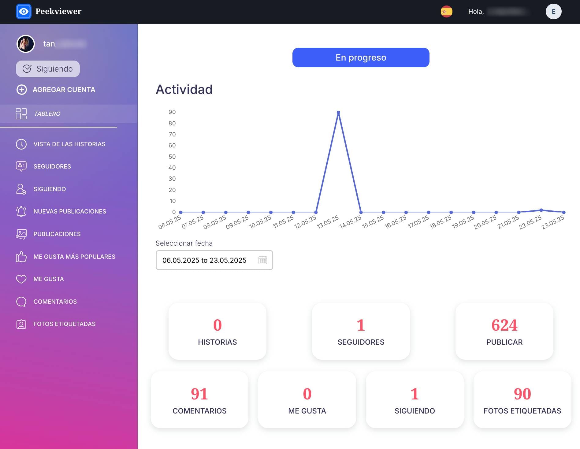 Peekviewer muestra el estado de actividad de monitoreo de cuentas IG privadas.