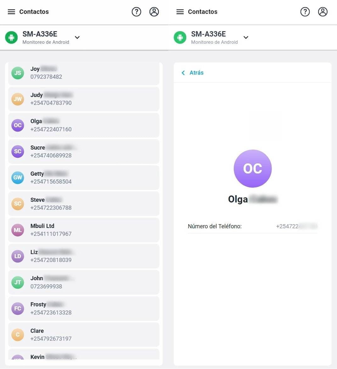 Lista de contactos e información detallada de un solo contacto: nombre y número de teléfono.