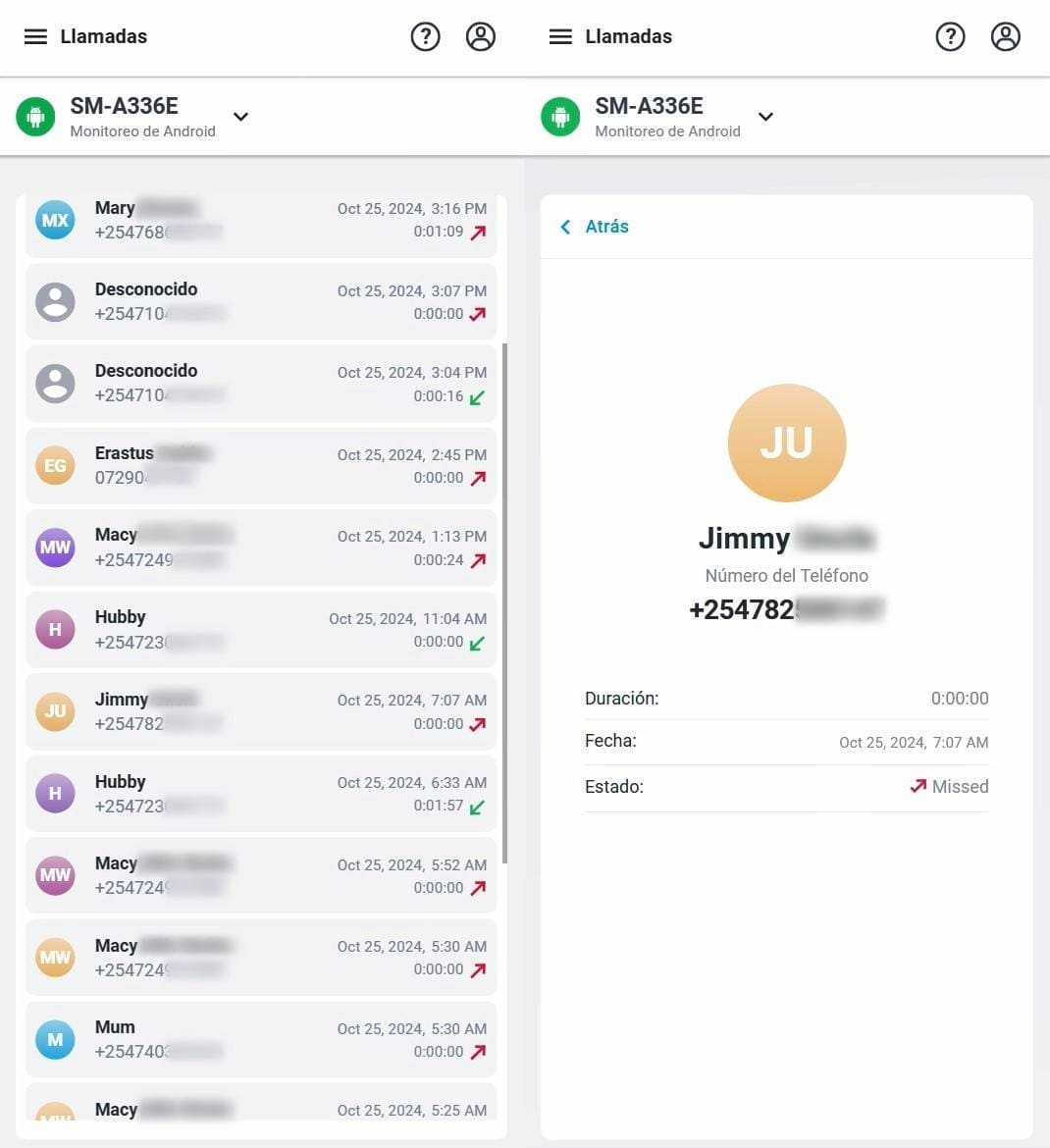Registros de llamadas, detalles de llamadas y apertura individual de contactos desde la aplicación de monitorización mSpy.