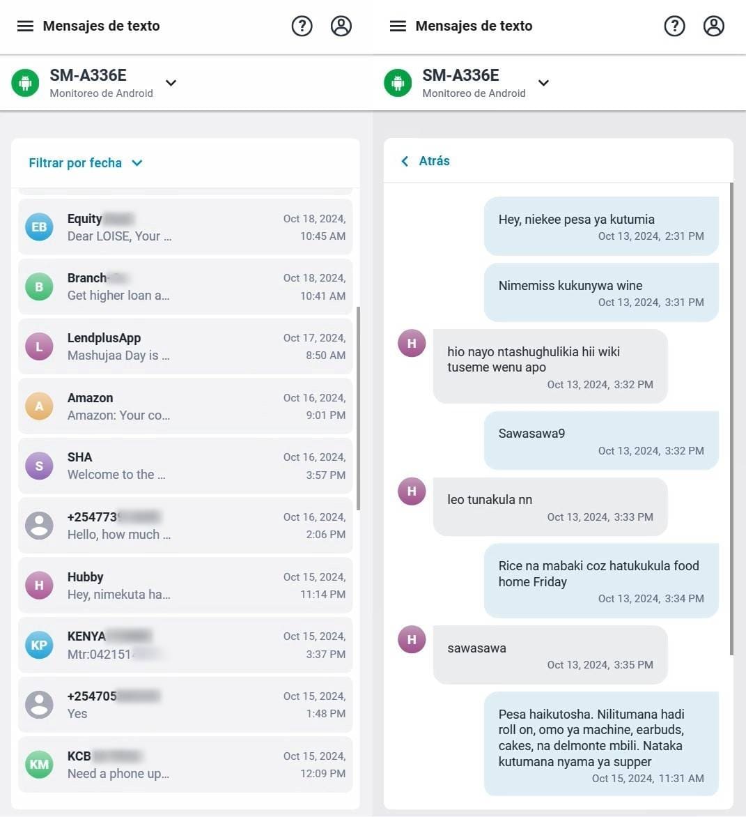 Mostrar mensajes de texto y ver chats con la hora y el mensaje.