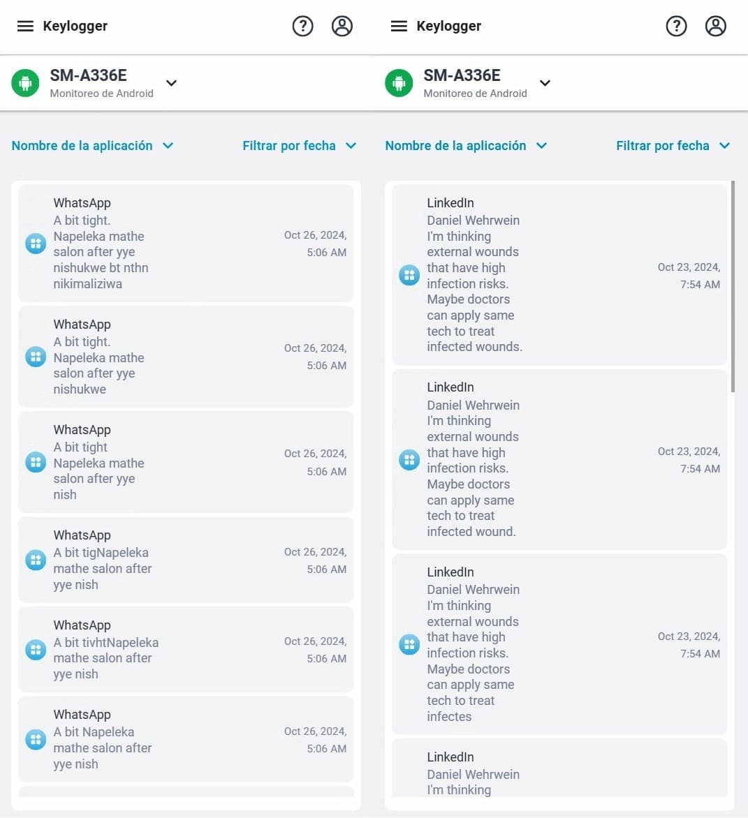El keylogger muestra las pulsaciones de teclas interceptadas de las aplicaciones con el contenido del mensaje y las marcas de tiempo, utilizando WhatsApp y LinkedIn como ejemplo.