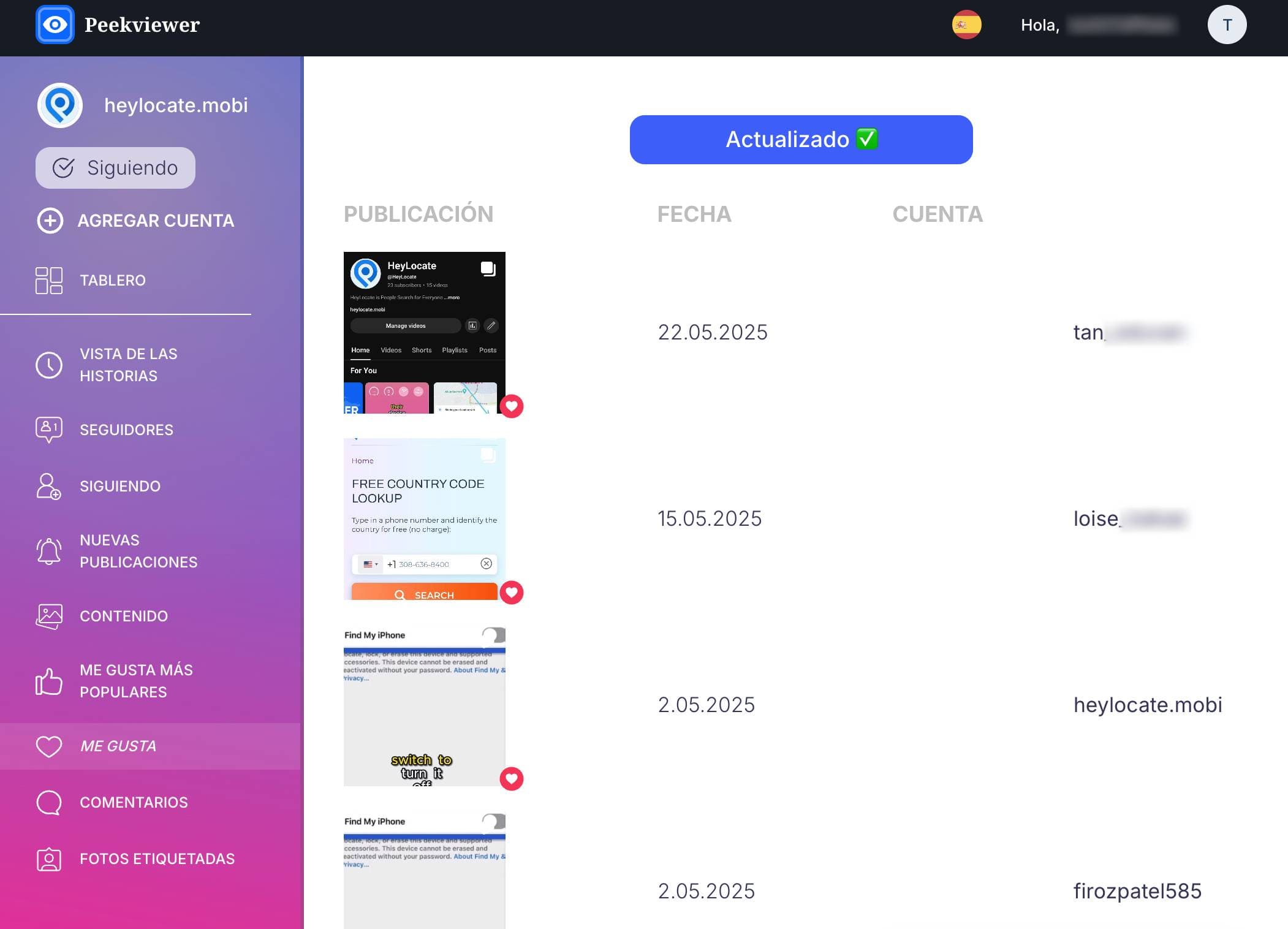 Peekviewer mostrando gustos en los mensajes de Instagram.