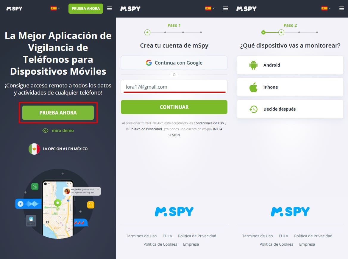 Tres pasos secuenciales para mSpy: botón «probar ahora» para empezar, creación de una cuenta y selección de tipos de dispositivos Android e iOS.