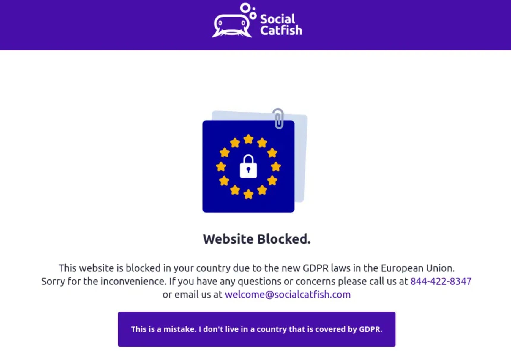 Aviso de restricción de acceso al sitio web de Social Catfish debido al cumplimiento del RGPD, que indica que el sitio está bloqueado en países de la UE.