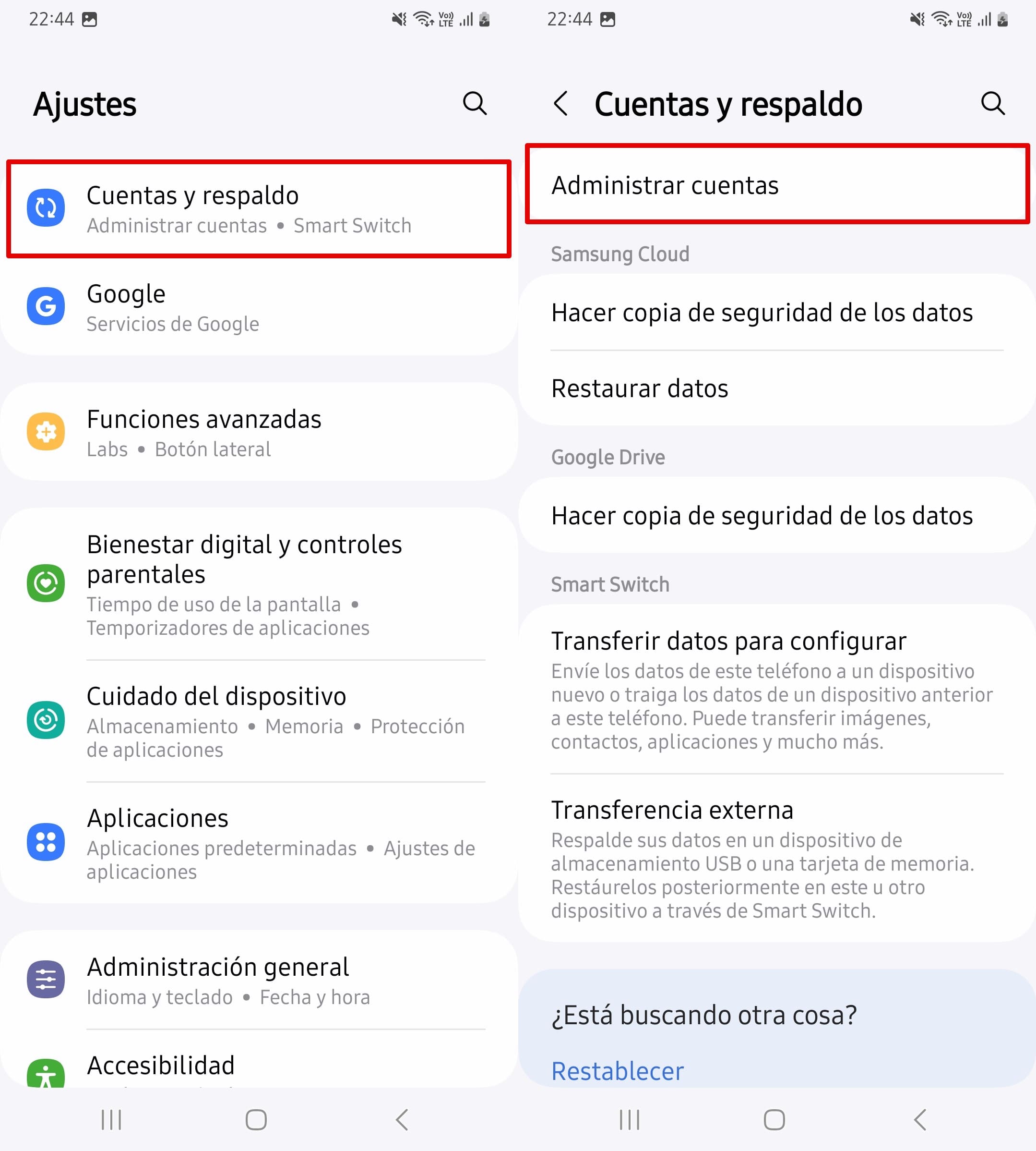 Haga clic en Cuentas y respaldo y, a continuación, en Administrar cuentas.