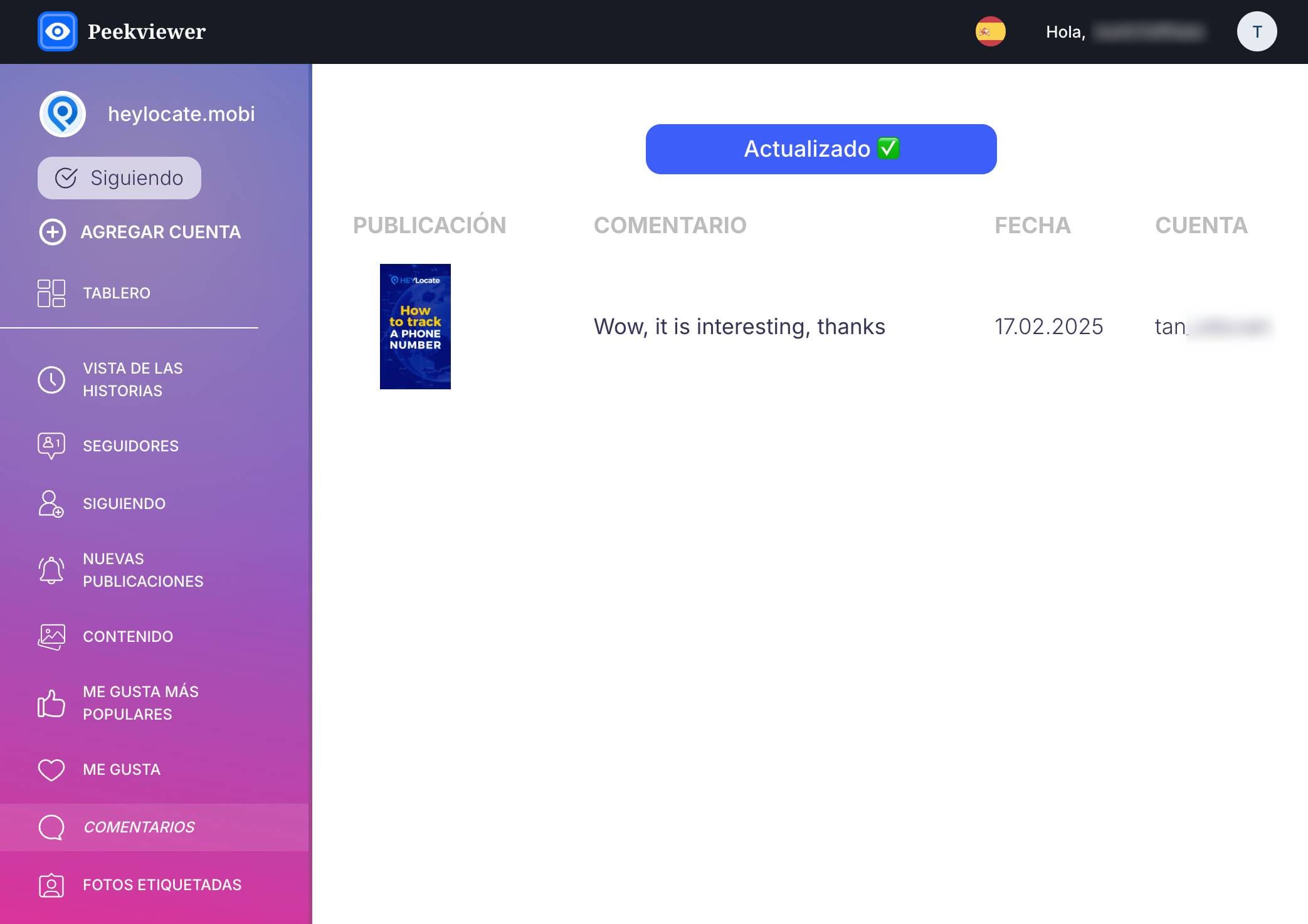 Cómo Peekviewer muestra los comentarios dejados bajo un post de Instagram de la cuenta de destino.
