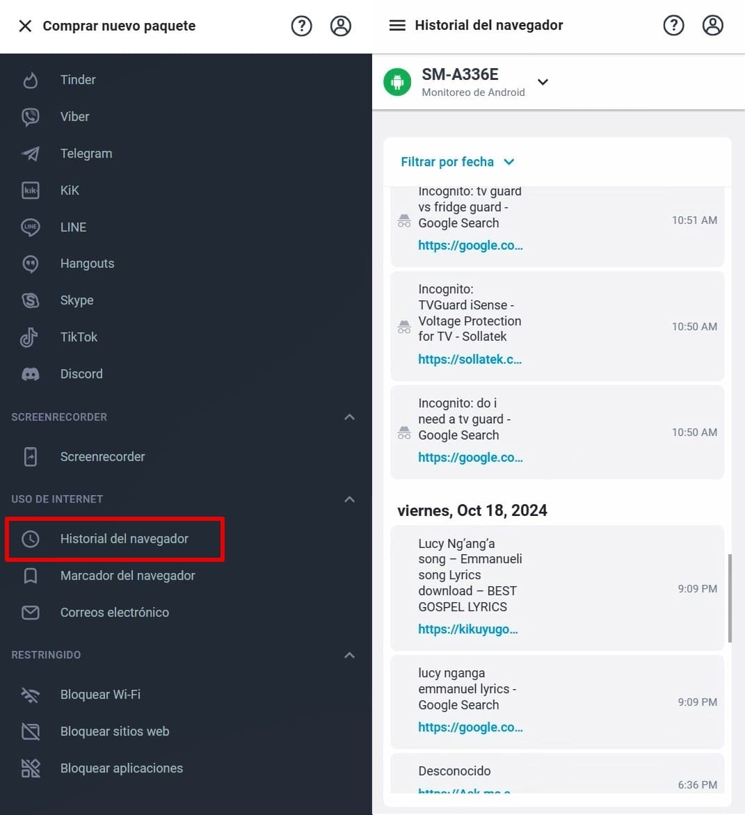 nterfaz del historial del navegador que muestra las consultas de búsqueda y las URL visitadas desde el dispositivo objetivo, incluidas las búsquedas en modo incógnito.