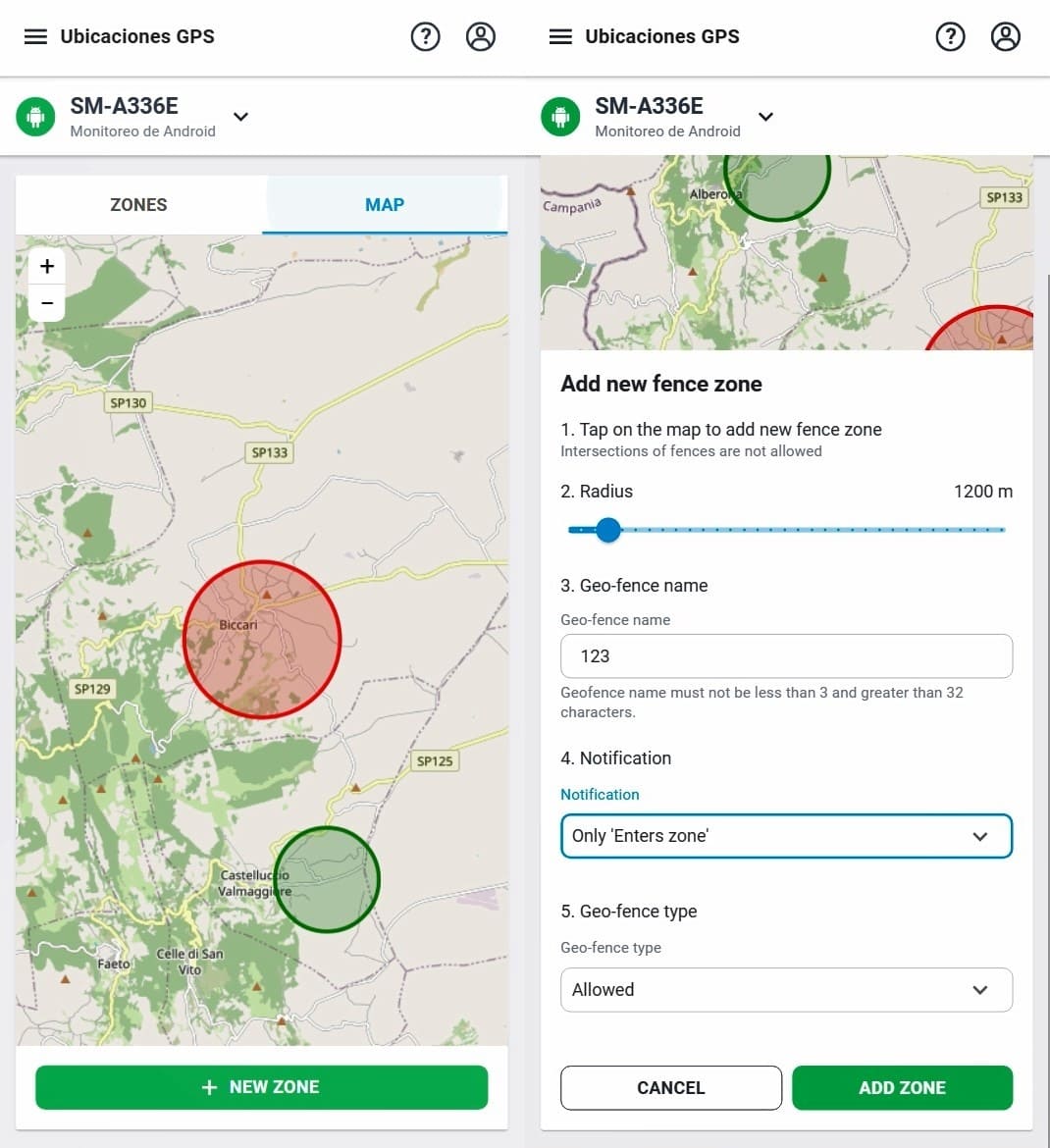 Proceso de creación de geovallas en mSpy: radio, nombre, notificaciones, tipo de geovalla.