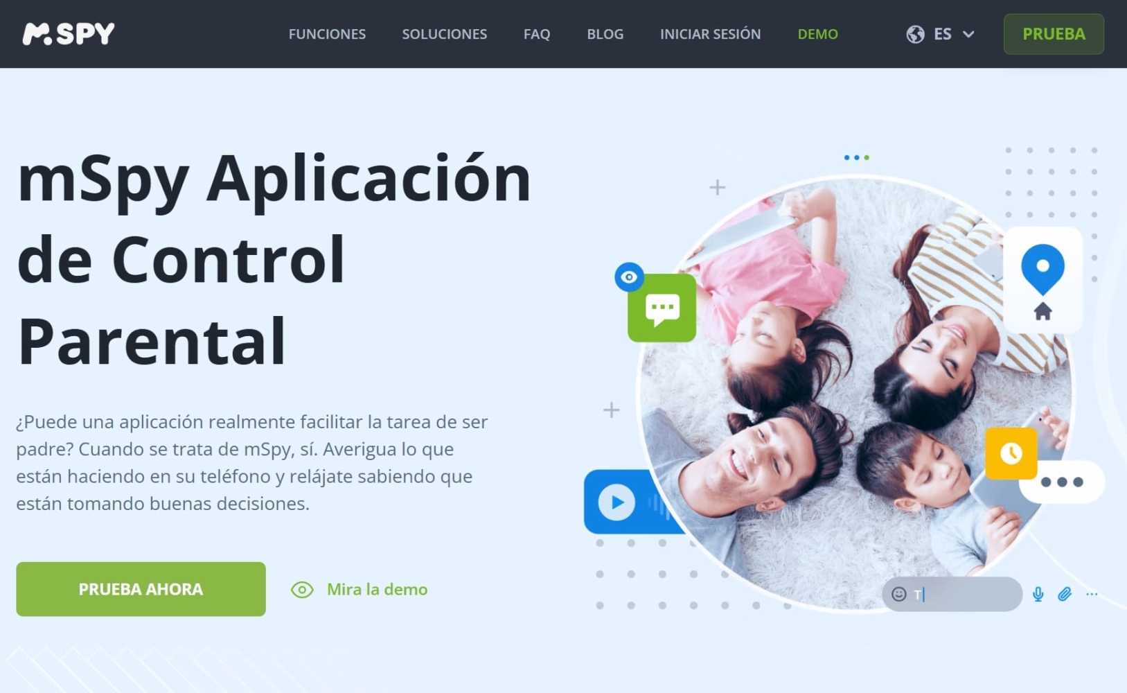 Página de inicio de mSpy que muestra una aplicación de control parental.