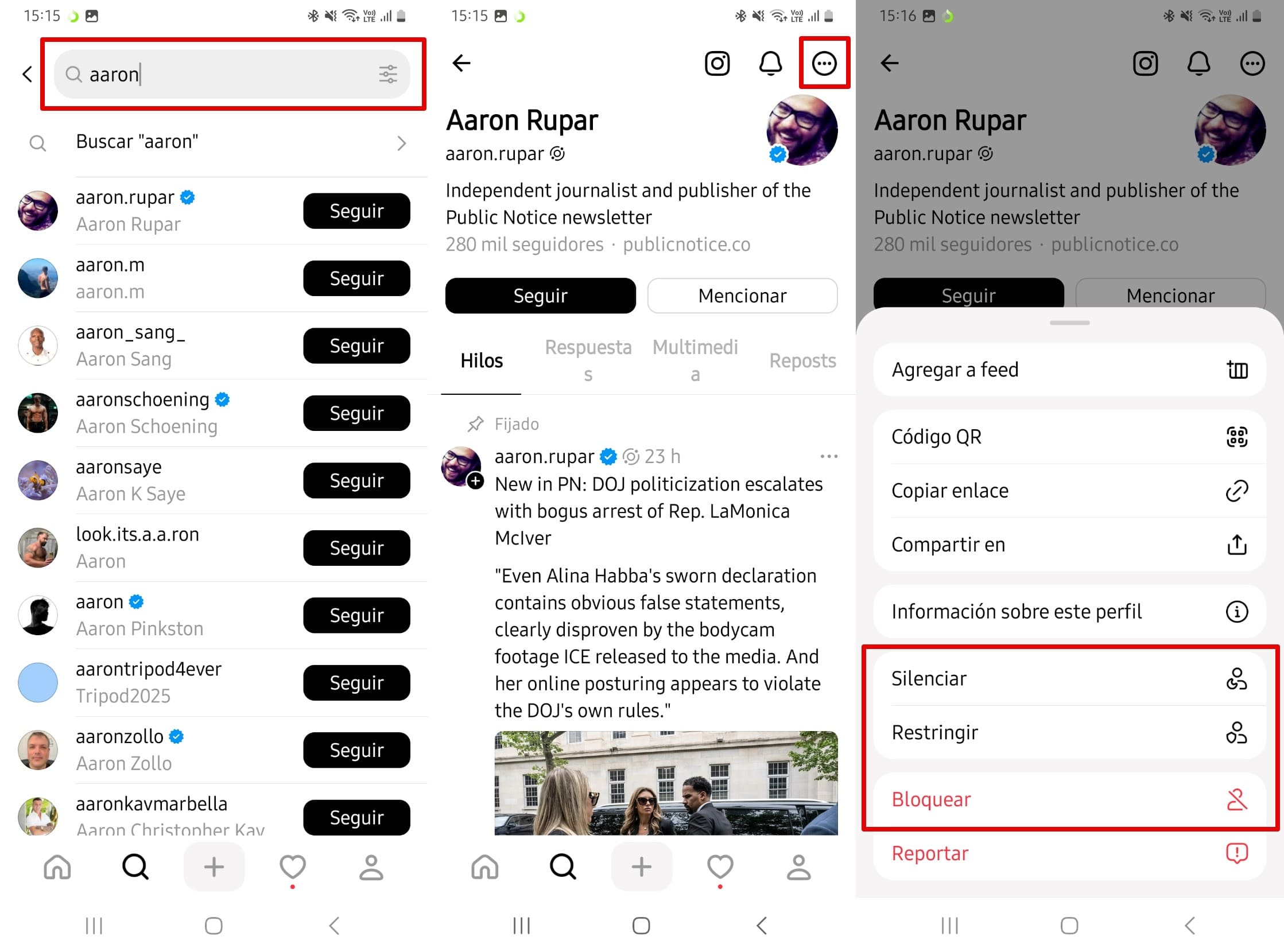 Utiliza la función de búsqueda para encontrar un perfil de Threads y haz clic en los tres puntos para ver su configuración.