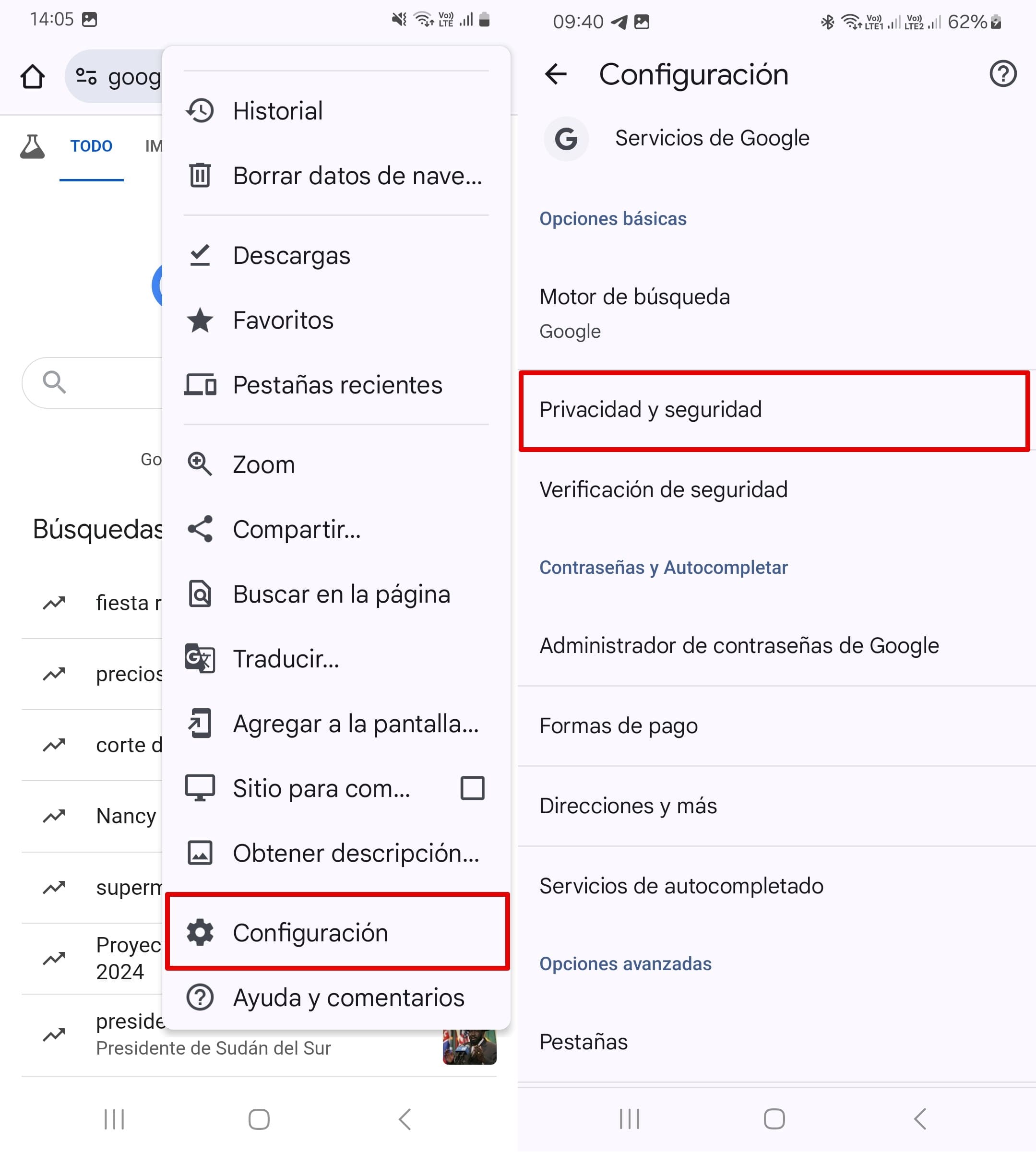 Abrir Chrome, hacer clic en los tres puntos y en Configuración, elegir Privacidad y Seguridad.